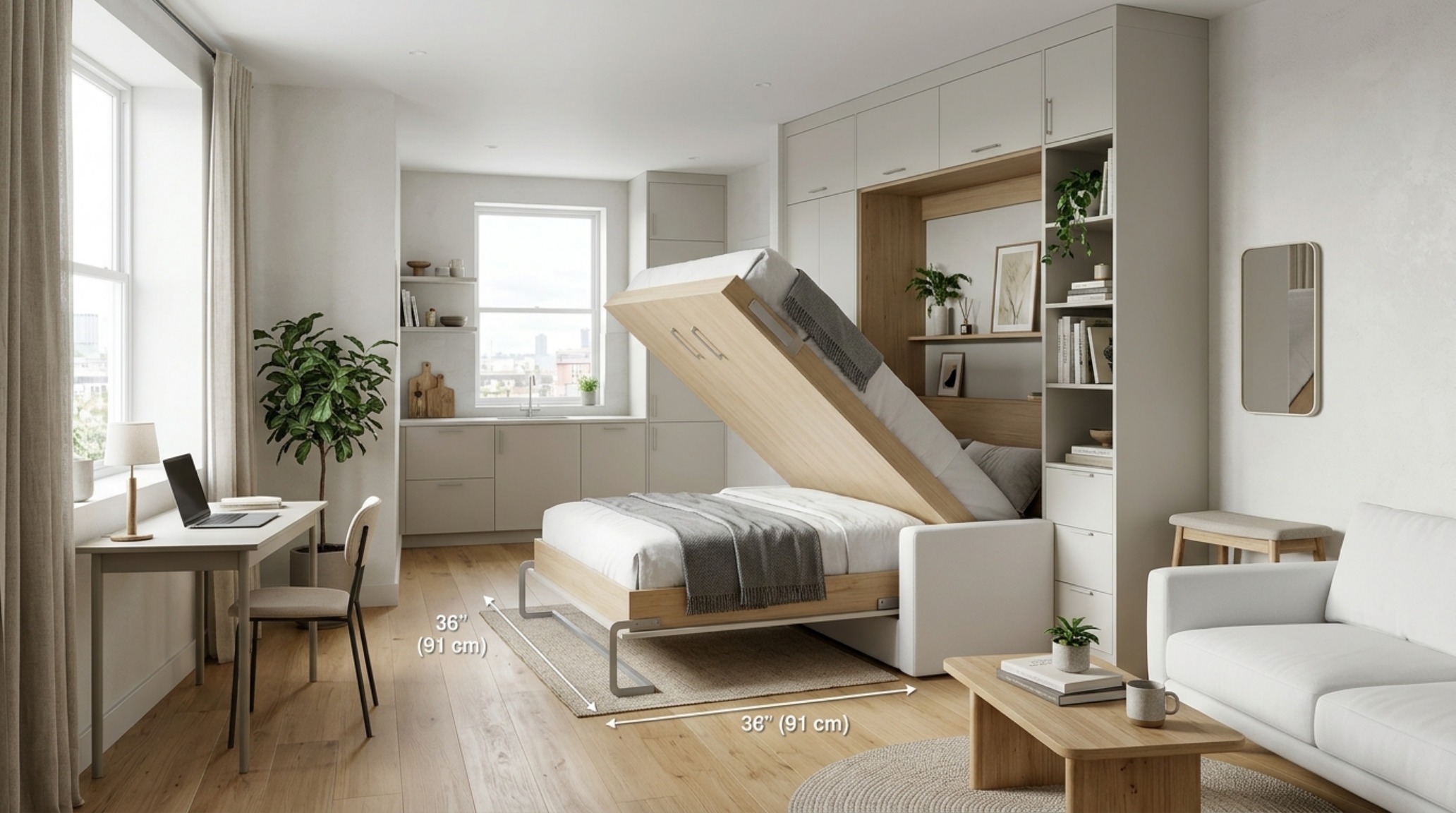 small space modern wall bed in a horizontal orientation to maximize a narrow studio layout with 36-inch walkway clearances and minimalist styling. small space modern wall bed in a horizontal orientation to maximize a narrow studio layout with 36-inch walkway clearances and minimalist styling.