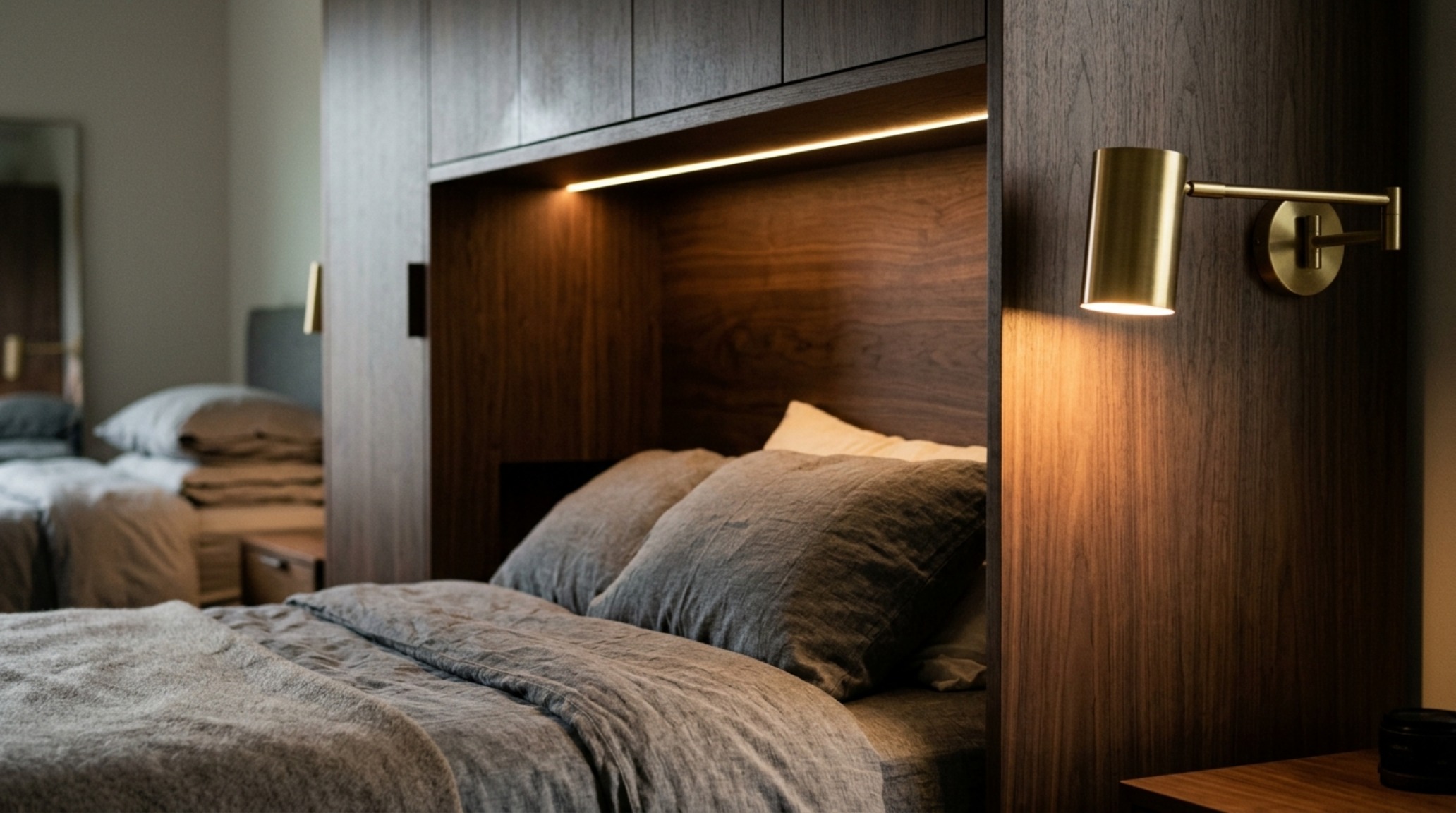 modern wall bed lighting guide showing recessed 2700K LED strips and warm directional sconces for evening ambiance