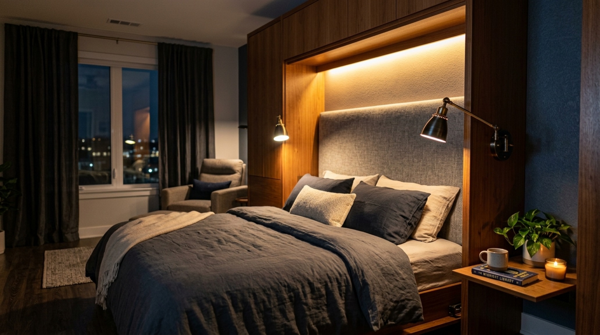 modern wall bed lighting guide demonstrating recessed 2700K warm LED strips and directional reading lights integrated into a charcoal grey fabric headboard. modern wall bed lighting guide demonstrating recessed 2700K warm LED strips and directional reading lights integrated into a charcoal grey fabric headboard.