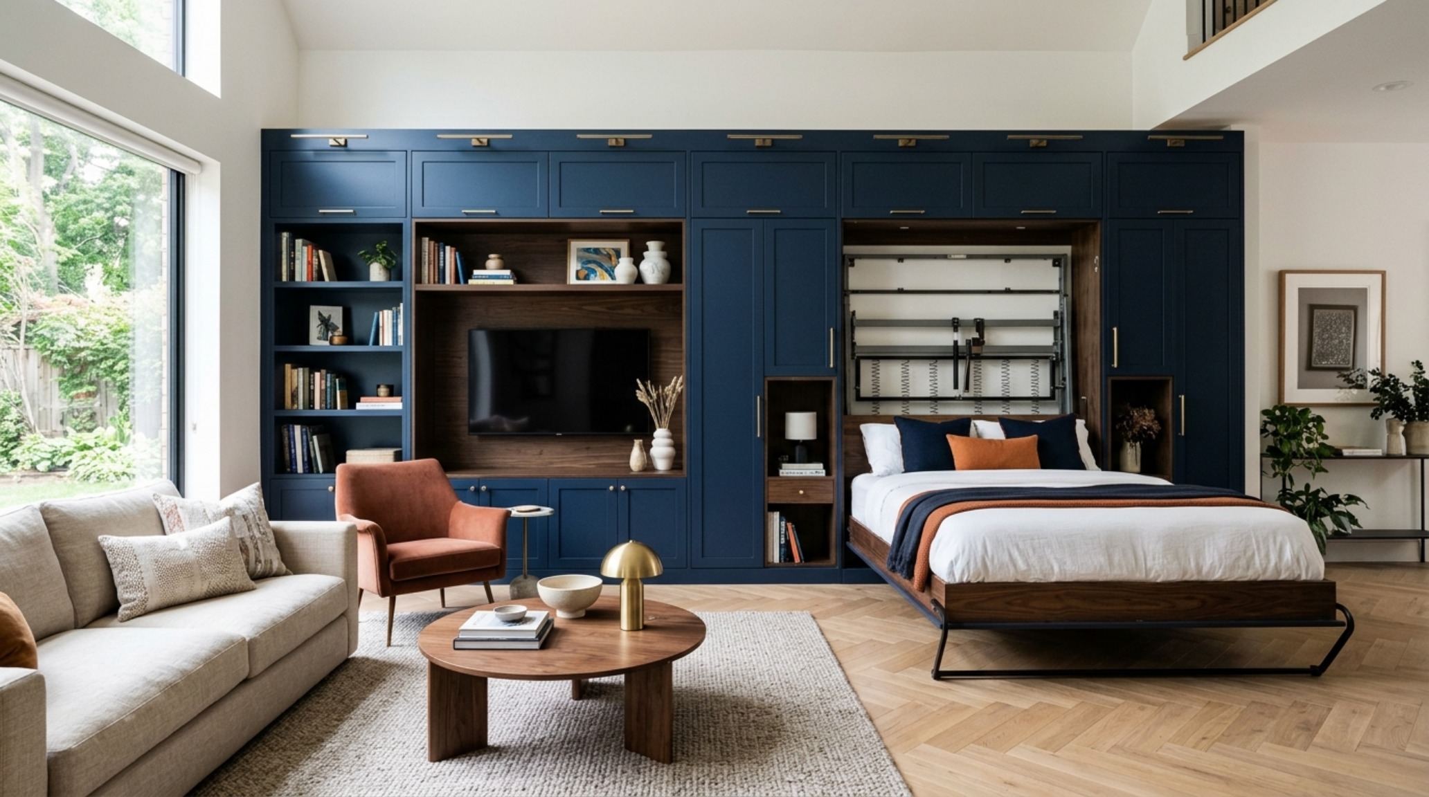 modern modern wall bed ideas showcasing a rotating media wall that conceals a queen-sized bed in a luxury living room