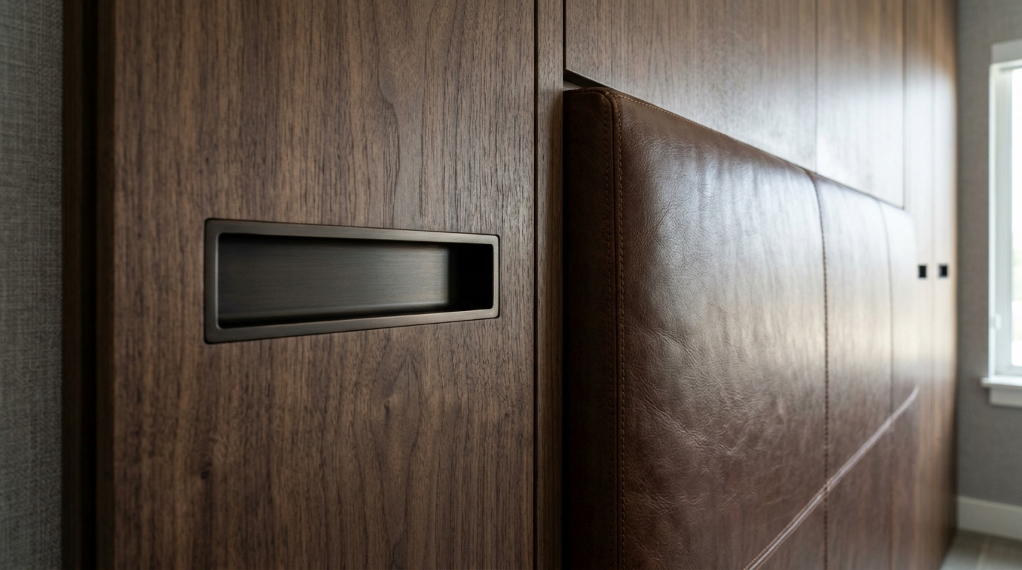 luxury modern wall bed textures including a vegan leather-lined interior and deep-grain walnut cabinetry in a high-ceilinged industrial loft. luxury modern wall bed textures including a vegan leather-lined interior and deep-grain walnut cabinetry in a high-ceilinged industrial loft.