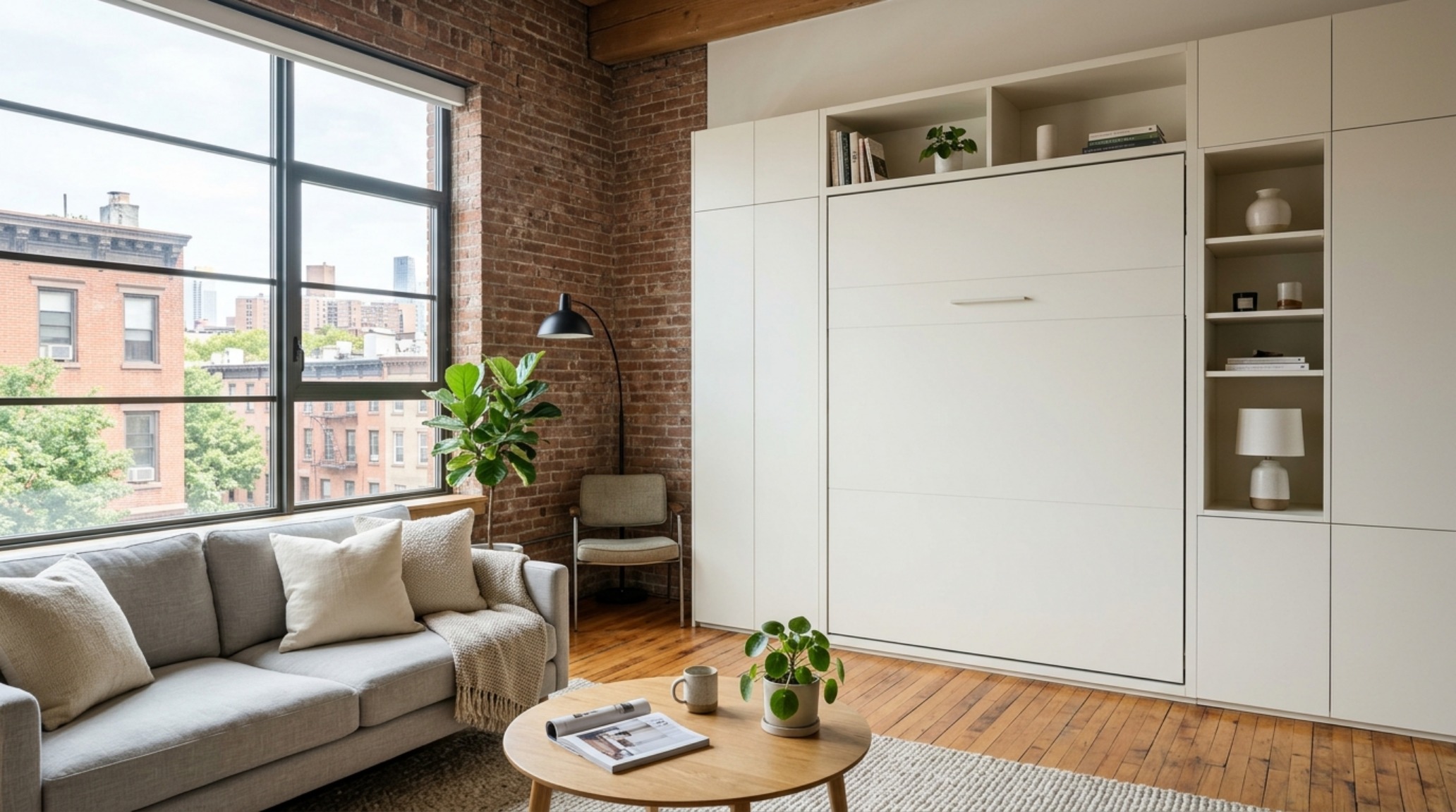 small space modern wall bed recessed into a non-load-bearing wall for a flush finish in Benjamin Moore Swiss Coffee with hidden pivot hinges. small space modern wall bed recessed into a non-load-bearing wall for a flush finish in Benjamin Moore Swiss Coffee with hidden pivot hinges.