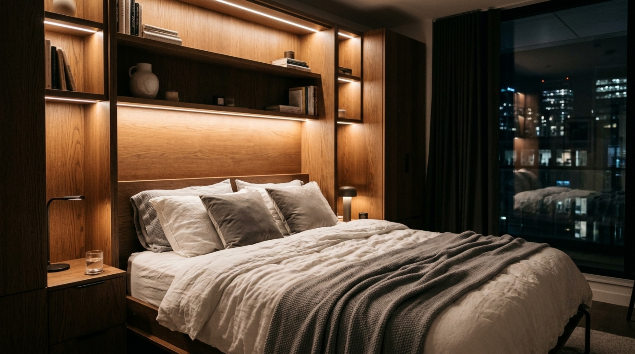 modern wall bed lighting guide demonstrating the use of high CRI 90+ LEDs to enhance textile colors in a custom niche