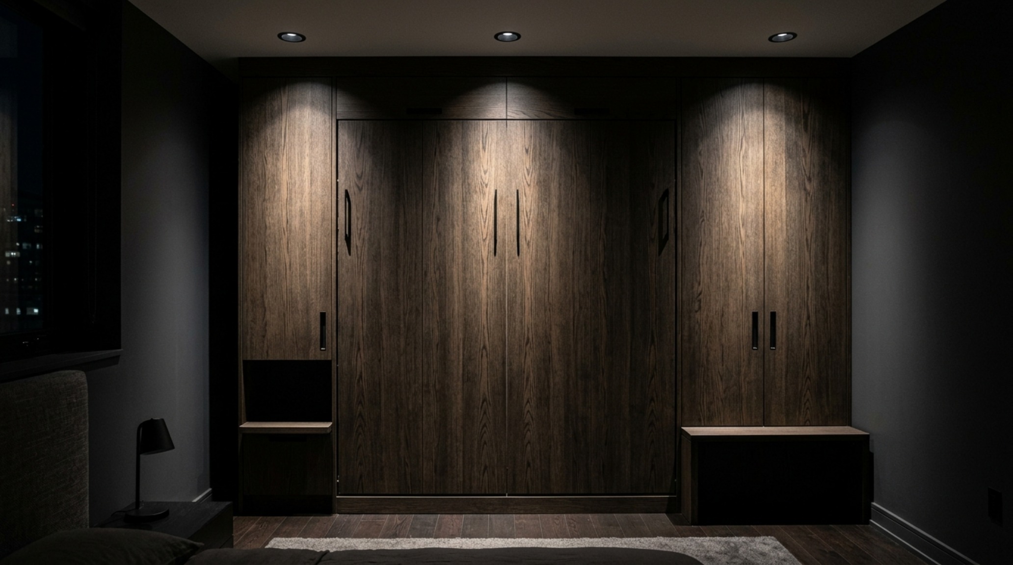 modern wall bed lighting guide featuring warm wash lighting on vertical wood slats to create depth and architectural shadow play in a master suite. modern wall bed lighting guide featuring warm wash lighting on vertical wood slats to create depth and architectural shadow play in a master suite.