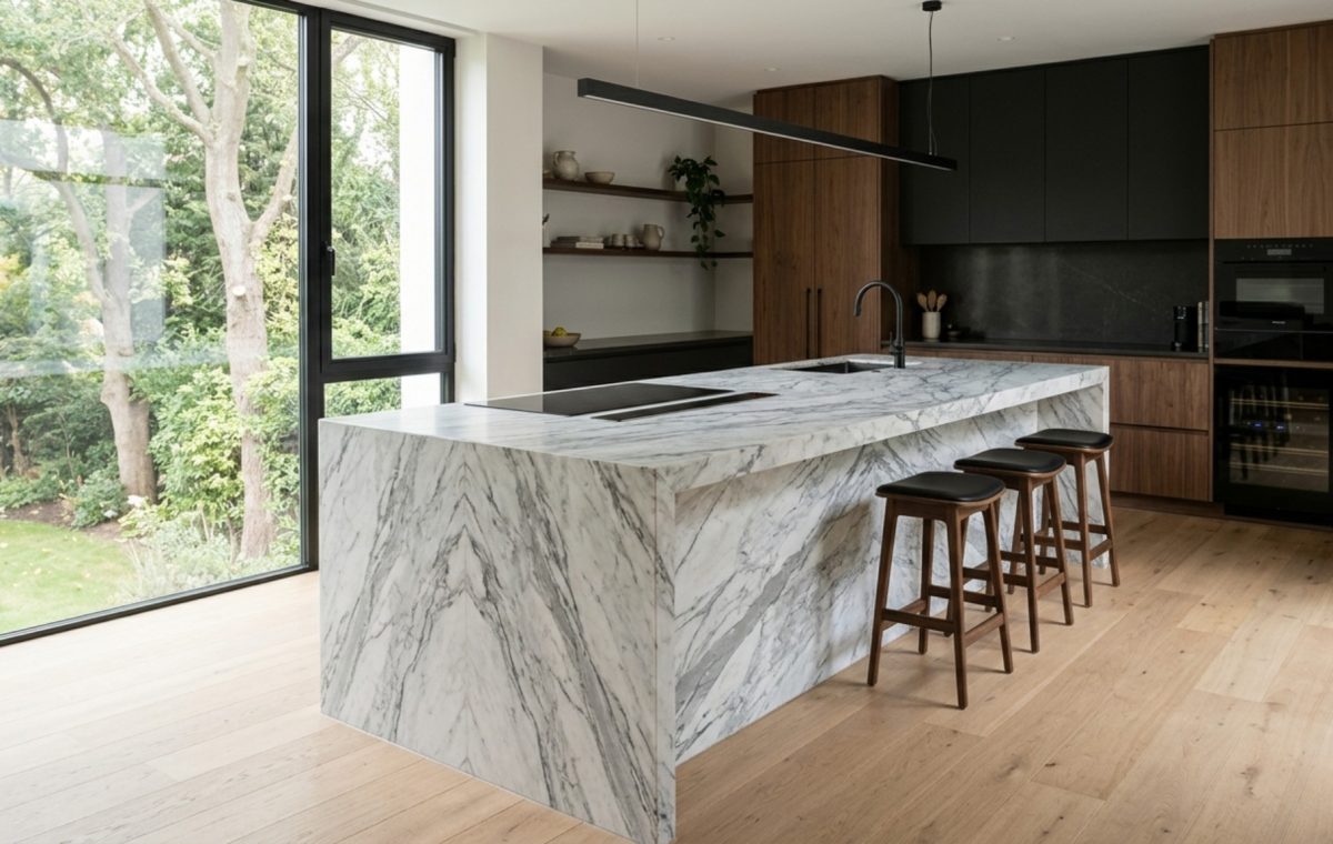 waterfall edge island ideas featuring a bookmatched Arabescato marble slab with precision mitered corners and a recessed brass toe-kick.