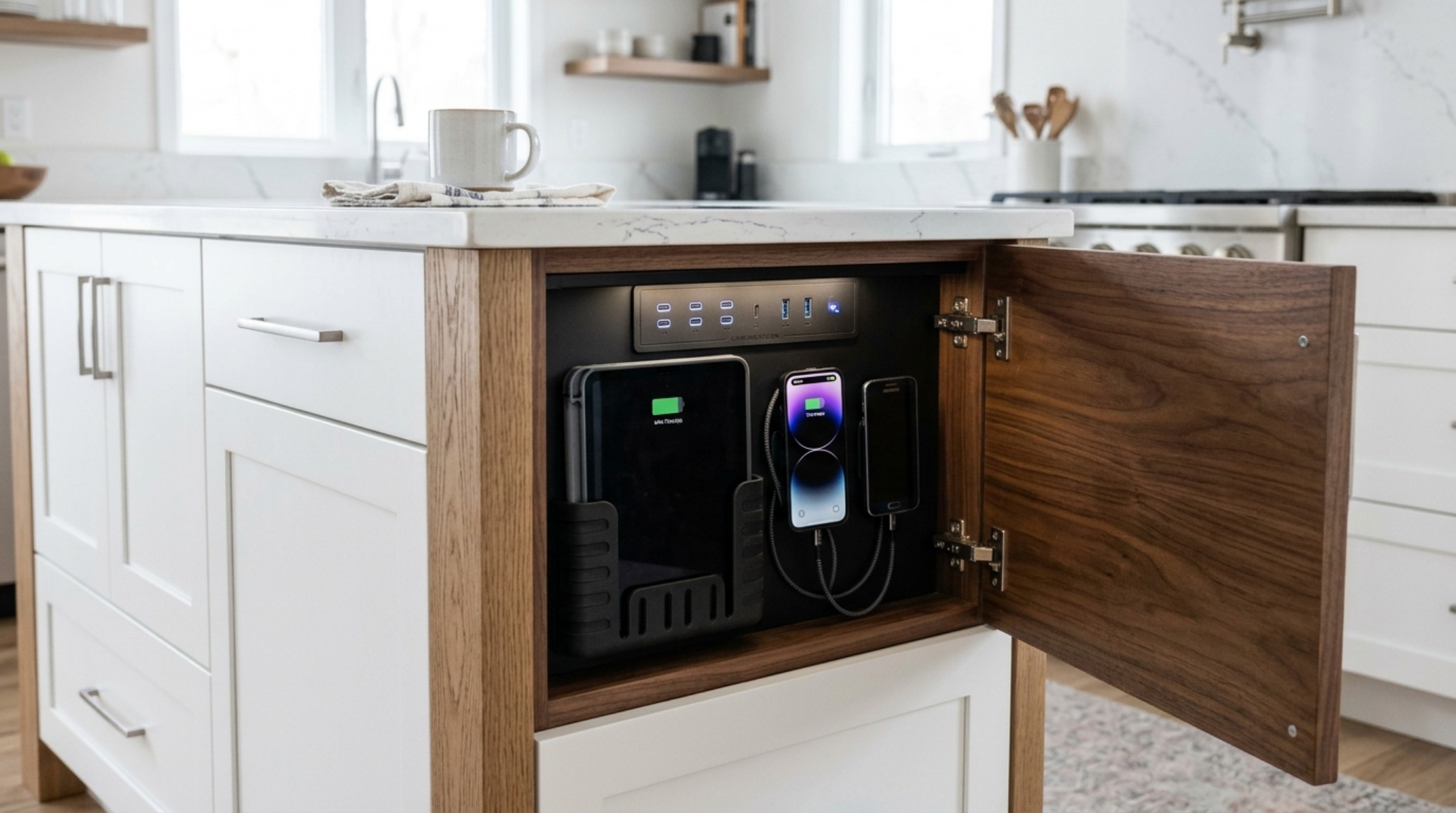 large kitchen island with storage featuring a hidden integrated charging station and custom pull-outs for a professional stand mixer.
