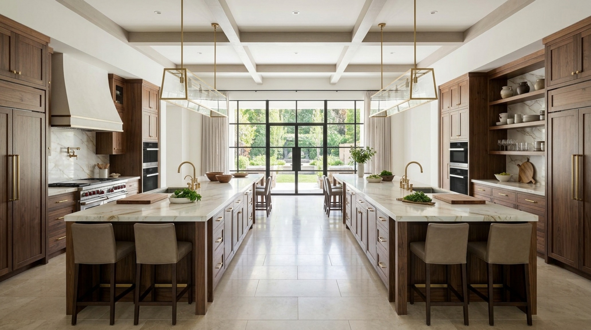 modern double island layouts highlighting the 48-inch central circulation path and the rhythmic alignment of floor-to-ceiling cabinetry.