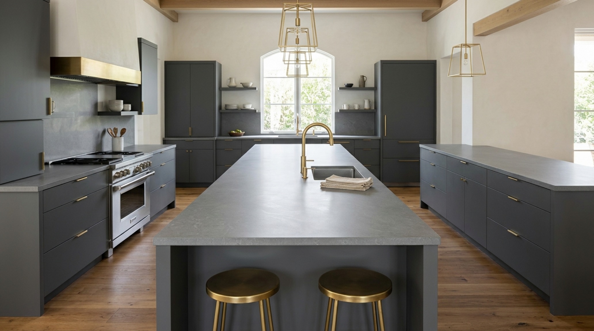modern double island layouts featuring symmetrical 8-foot structures in matte charcoal cabinetry with integrated sinks and professional-grade appliances.