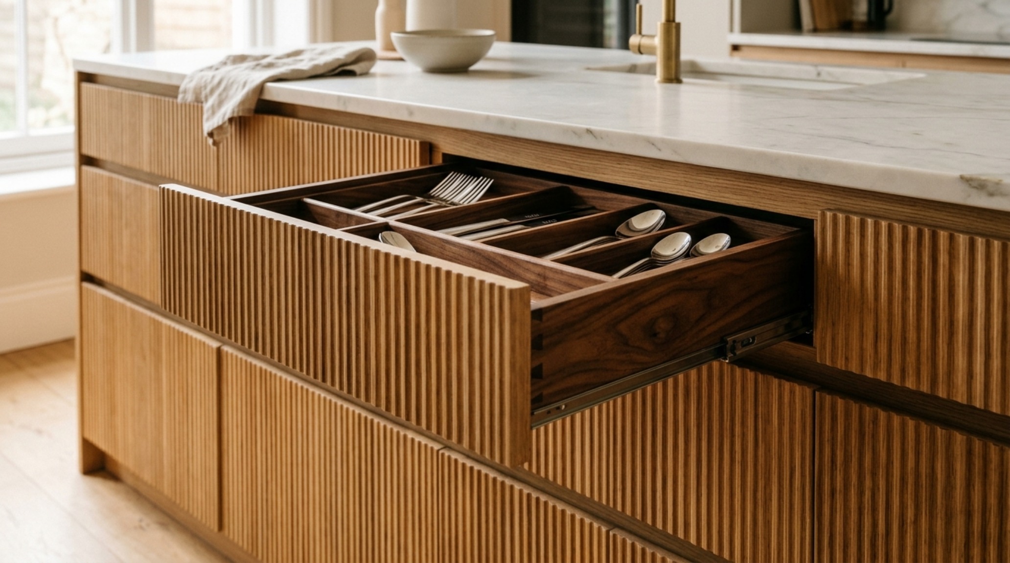 large kitchen island with storage utilizing seamless push-to-open fluted oak panels and concealed walnut organizational inserts.