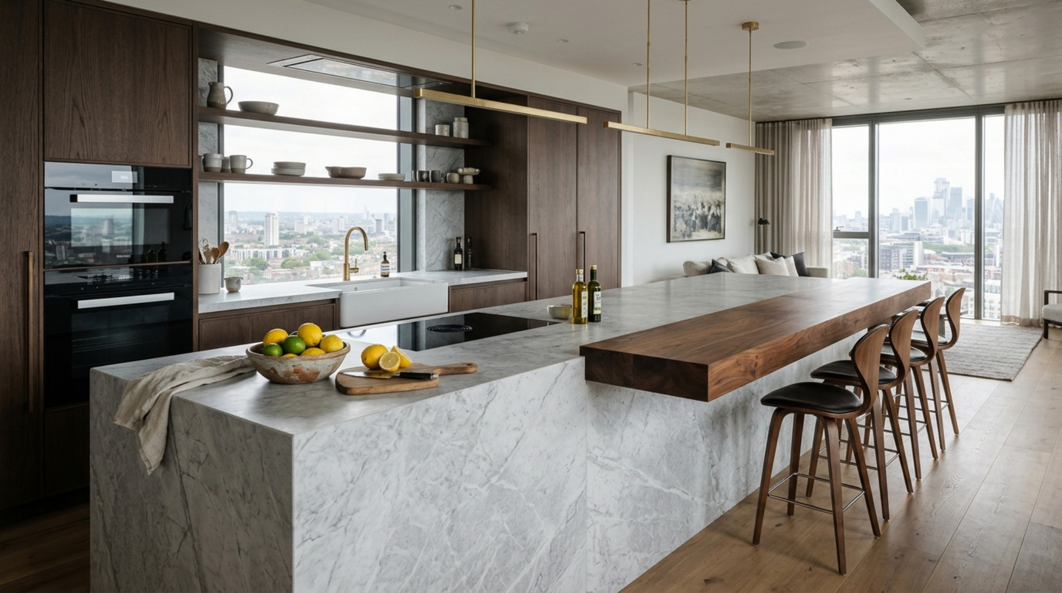 large kitchen island designs with a cantilevered timber breakfast bar intersecting a primary stone prep surface in an open-concept luxury home.