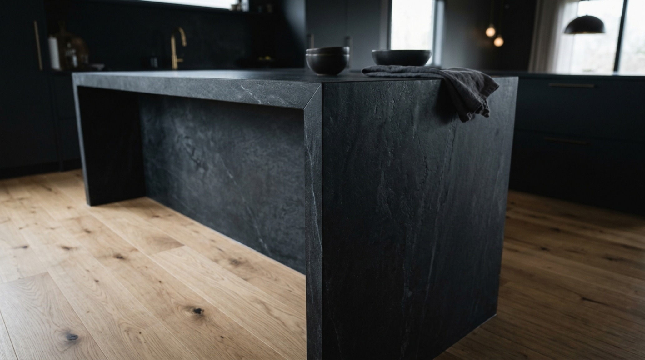 waterfall edge island ideas in a moody soapstone finish against a backdrop of Farrow & Ball Setting Plaster walls.