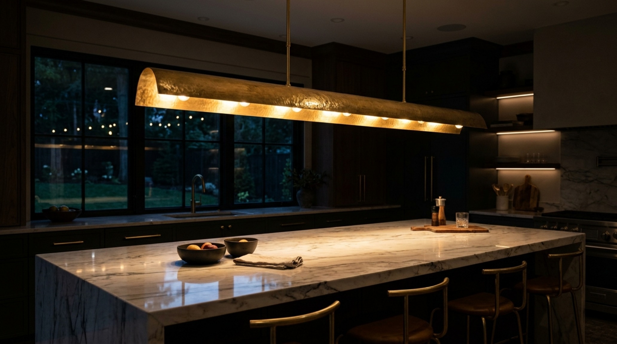 oversized kitchen island lighting featuring a 60-inch linear burnished brass fixture with 2700K warm-spectrum LED diffusion.