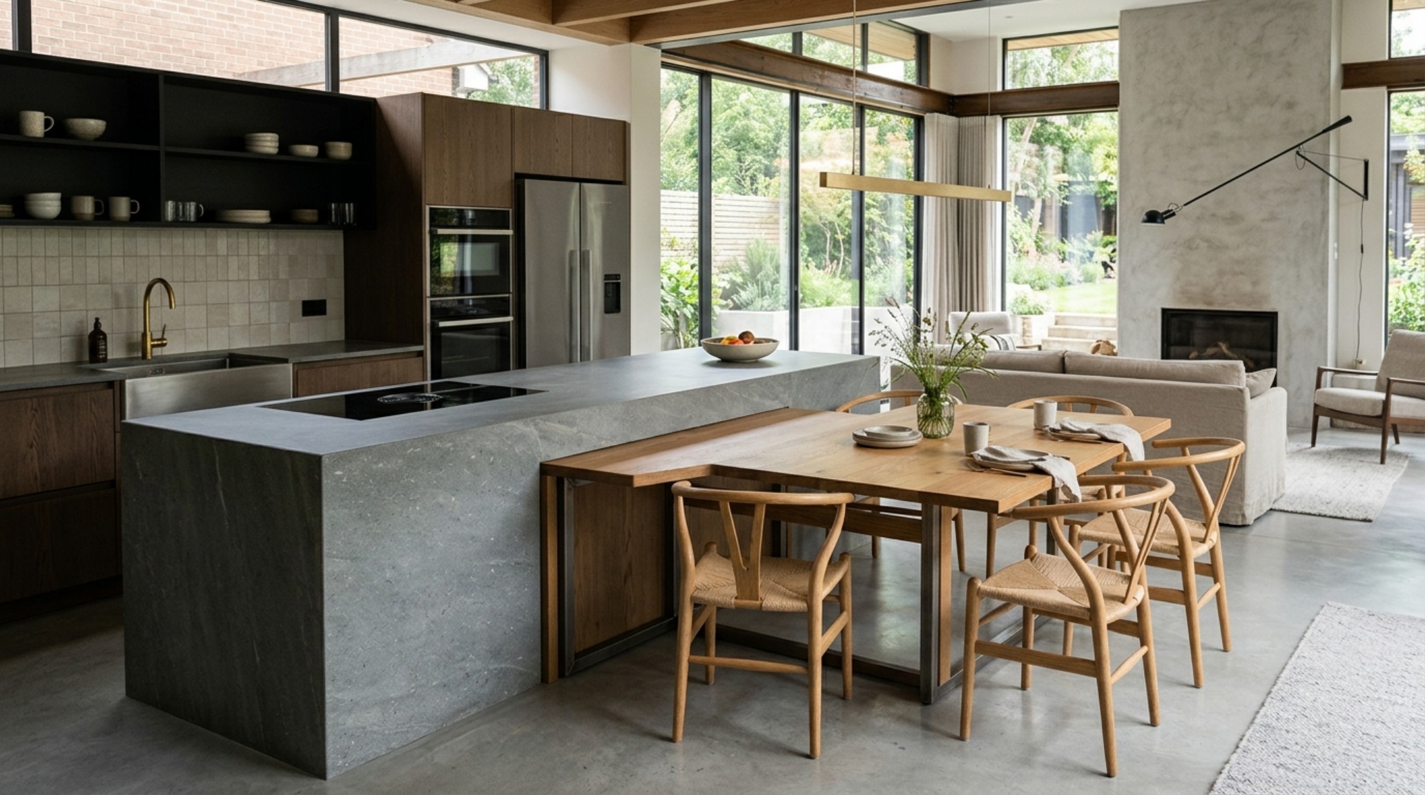 kitchen island vs dining table comparison showing an integrated stone dining height extension for formal seating in a modern kitchen.