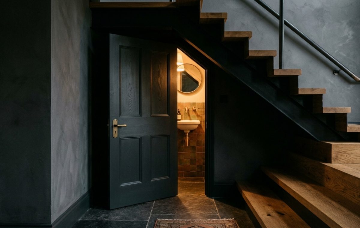 A wide-angle architectural shot of a powder room under stairs entrance, featuring a dark teal door and glimpse of a brass-accented interior.