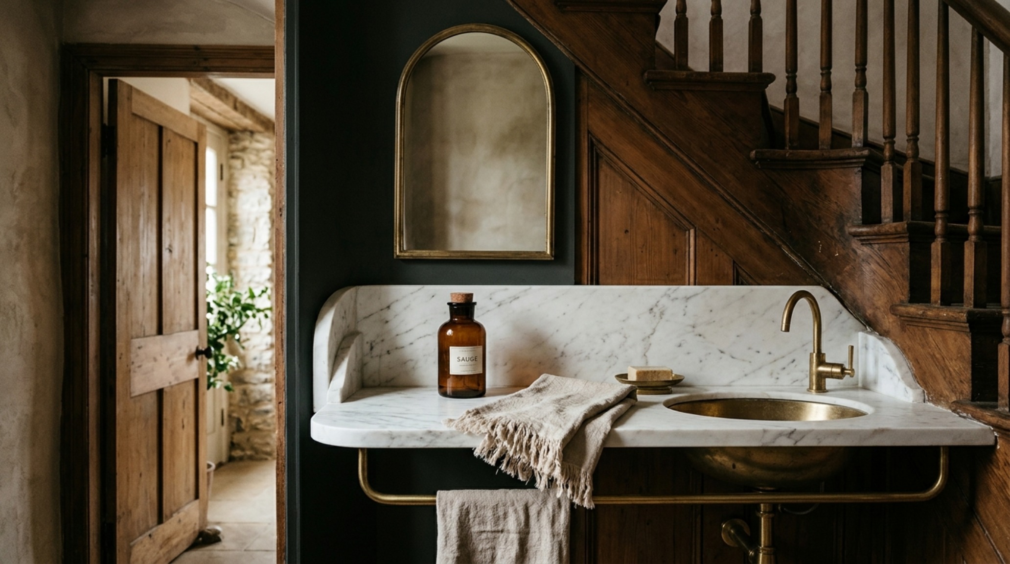 A lifestyle shot of a high-end powder room under stairs featuring a lit candle, linen hand towels, and a designer soap dispenser on a marble ledge.