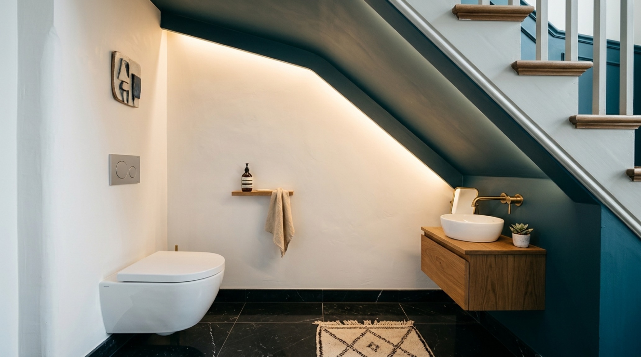 A detailed view of a wall-hung toilet in a staircase bathroom conversion, highlighting the sloping ceiling and seamless dark marble flooring.