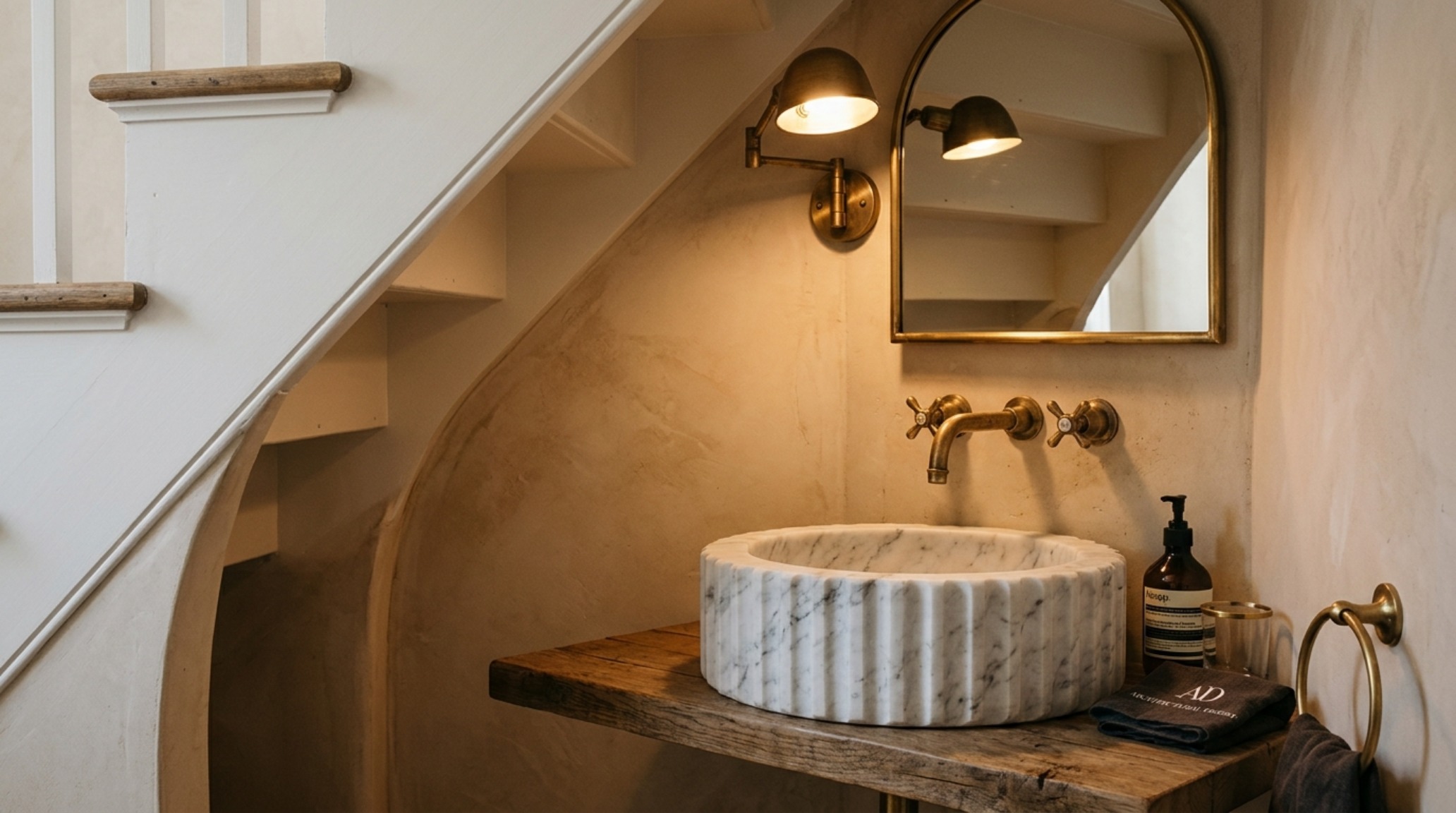 Editorial close-up of a small bathroom under stairs layout featuring a fluted stone vanity, unlacquered brass faucet, and soft 2700K pendant lighting.