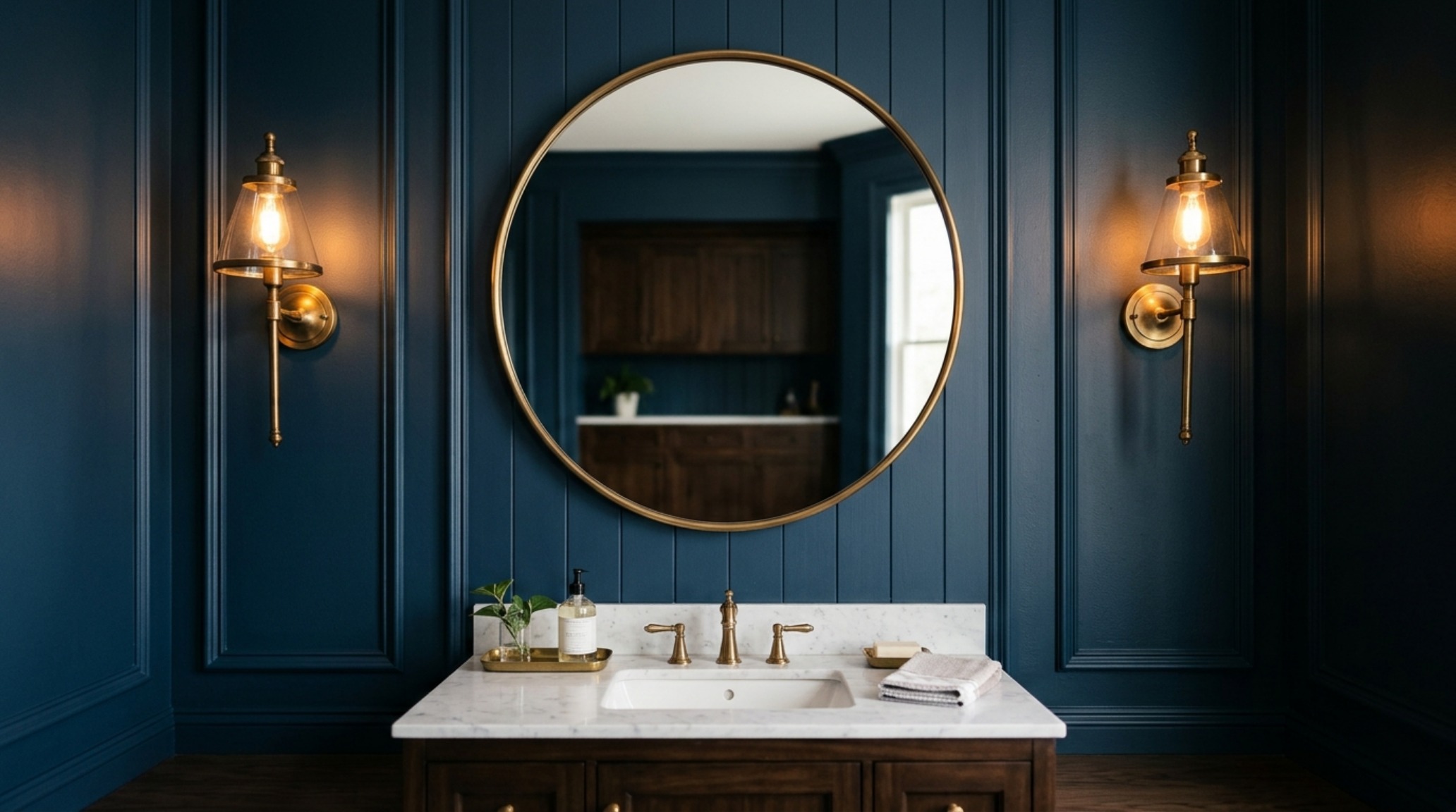 A pair of vintage-style brass sconces providing high-CRI task lighting in a small space architecture bathroom renovation.
