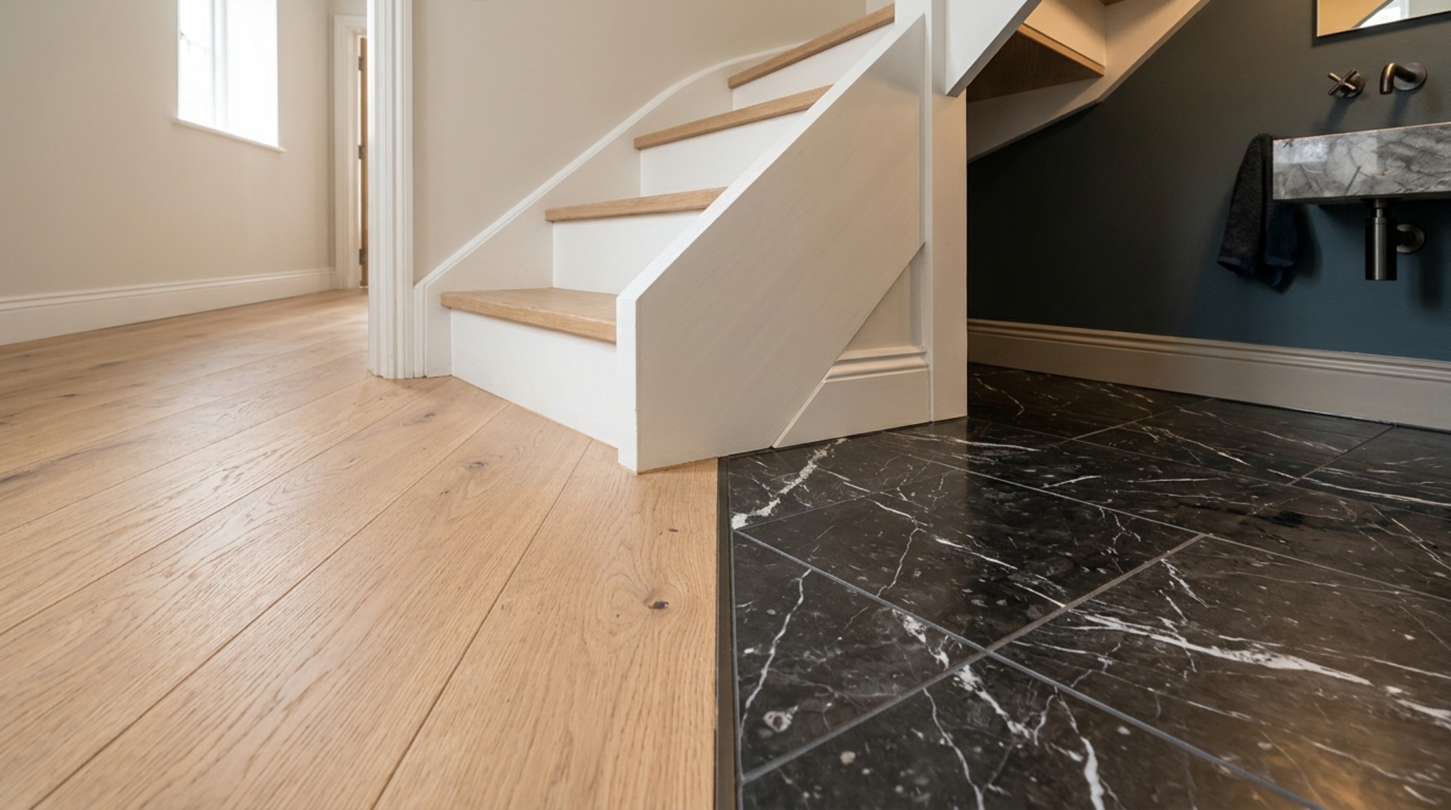 Detailed shot of honed Nero Marquina marble floor tiles meeting a dark wood baseboard in a luxury staircase bathroom conversion.