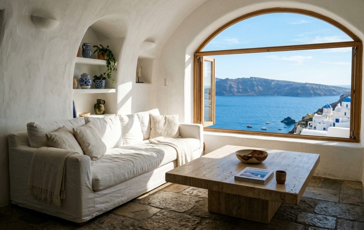 Modern most beautiful islands world decor ideas living room with white limewash walls and a honed travertine coffee table at an 18-inch clearance.