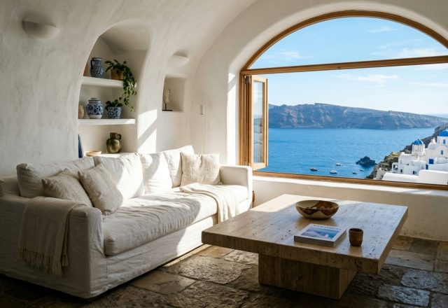 Modern most beautiful islands world decor ideas living room with white limewash walls and a honed travertine coffee table at an 18-inch clearance.