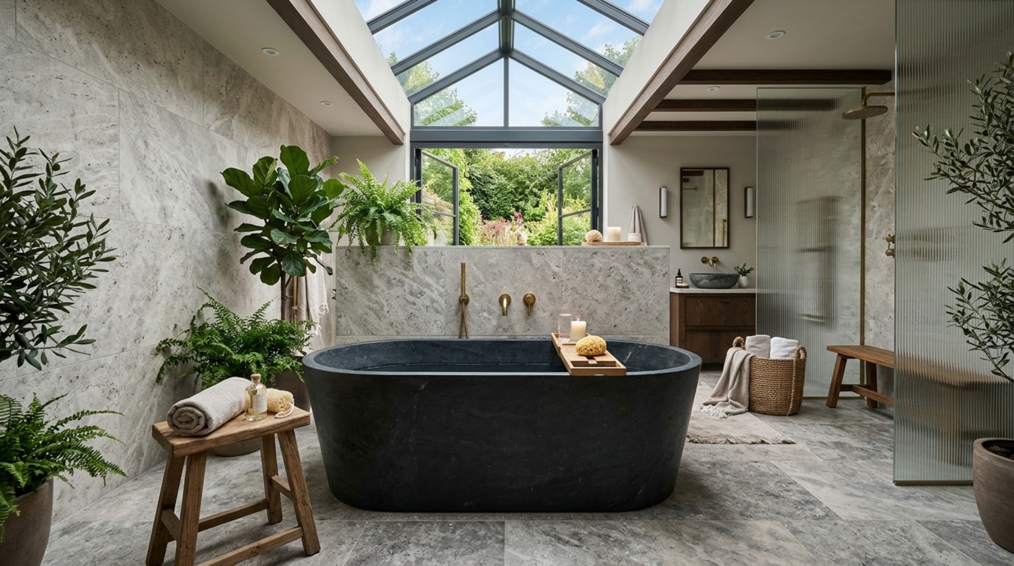 A bathroom retreat with slate charcoal accents and a monolithic stone tub, evoking the rugged most beautiful islands world decor ideas of volcanic regions.