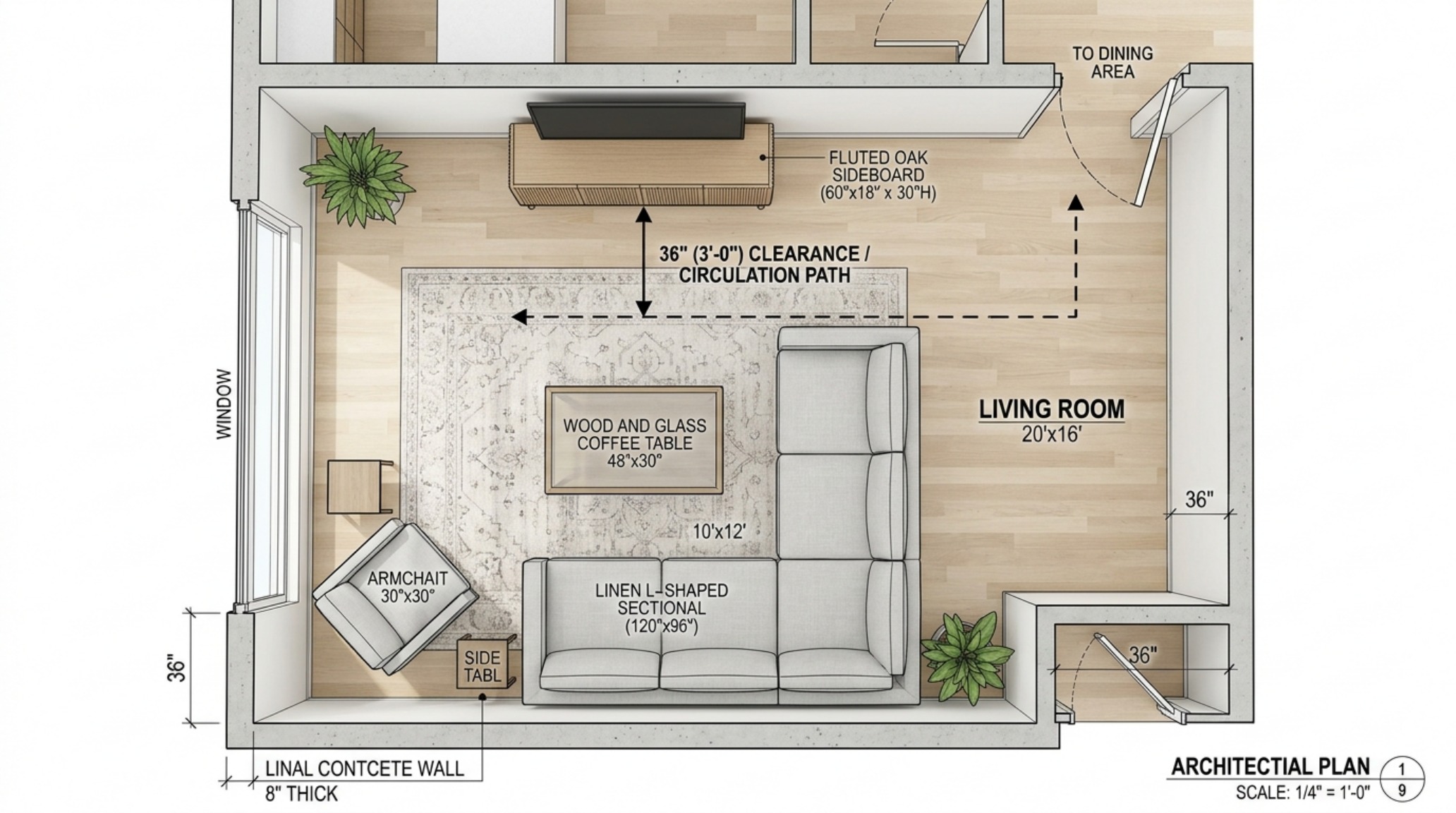 Spatial flow diagram rendered in a living room with 36-inch primary circulation paths clearly defined by furniture placement.