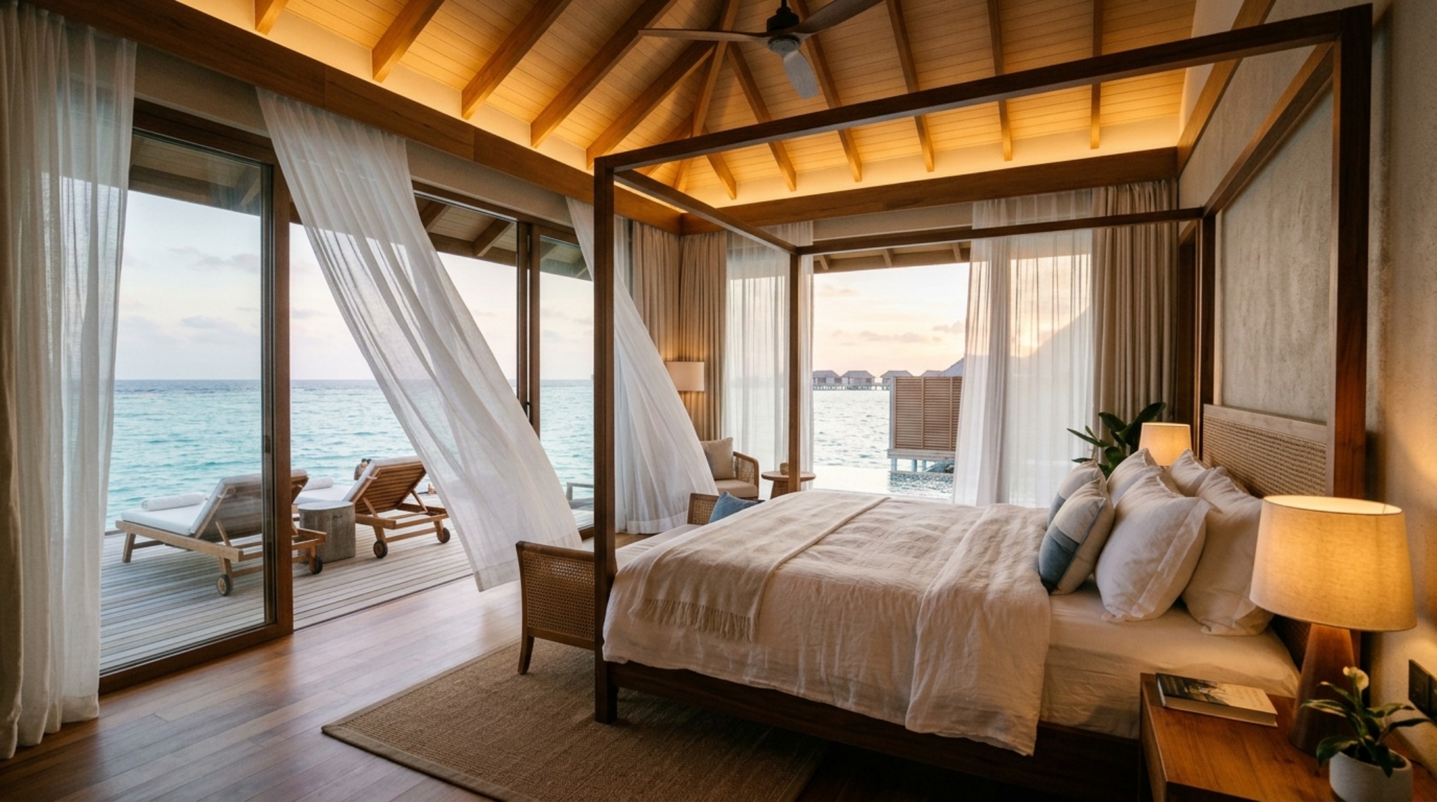 Master bedroom sanctuary with 2700K warm ambient lighting and sheer linen drapes inspired by Maldives most beautiful islands world decor ideas.
