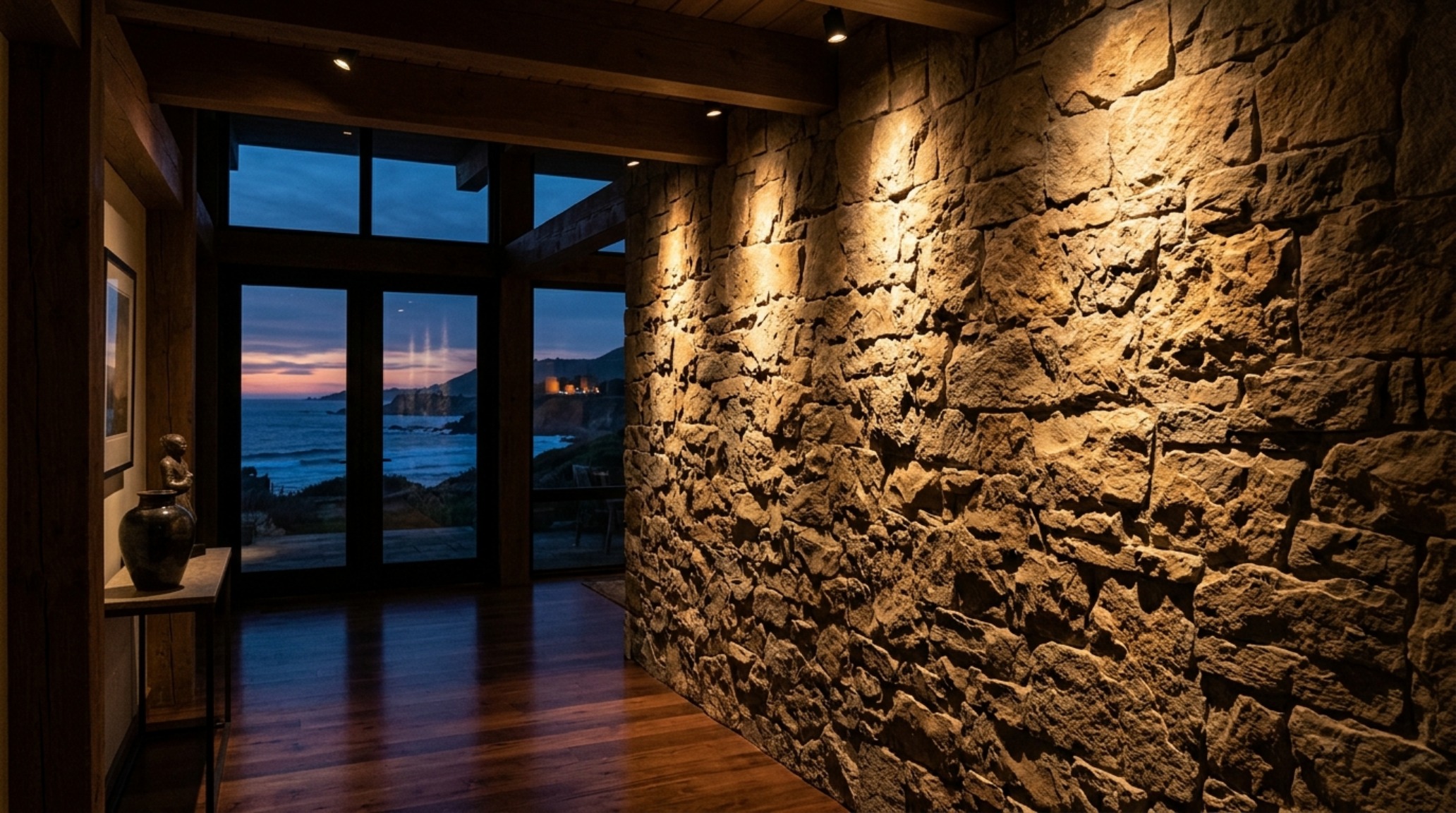 High CRI 90+ architectural lighting illuminating a honed silver travertine fireplace in a modern coastal villa.