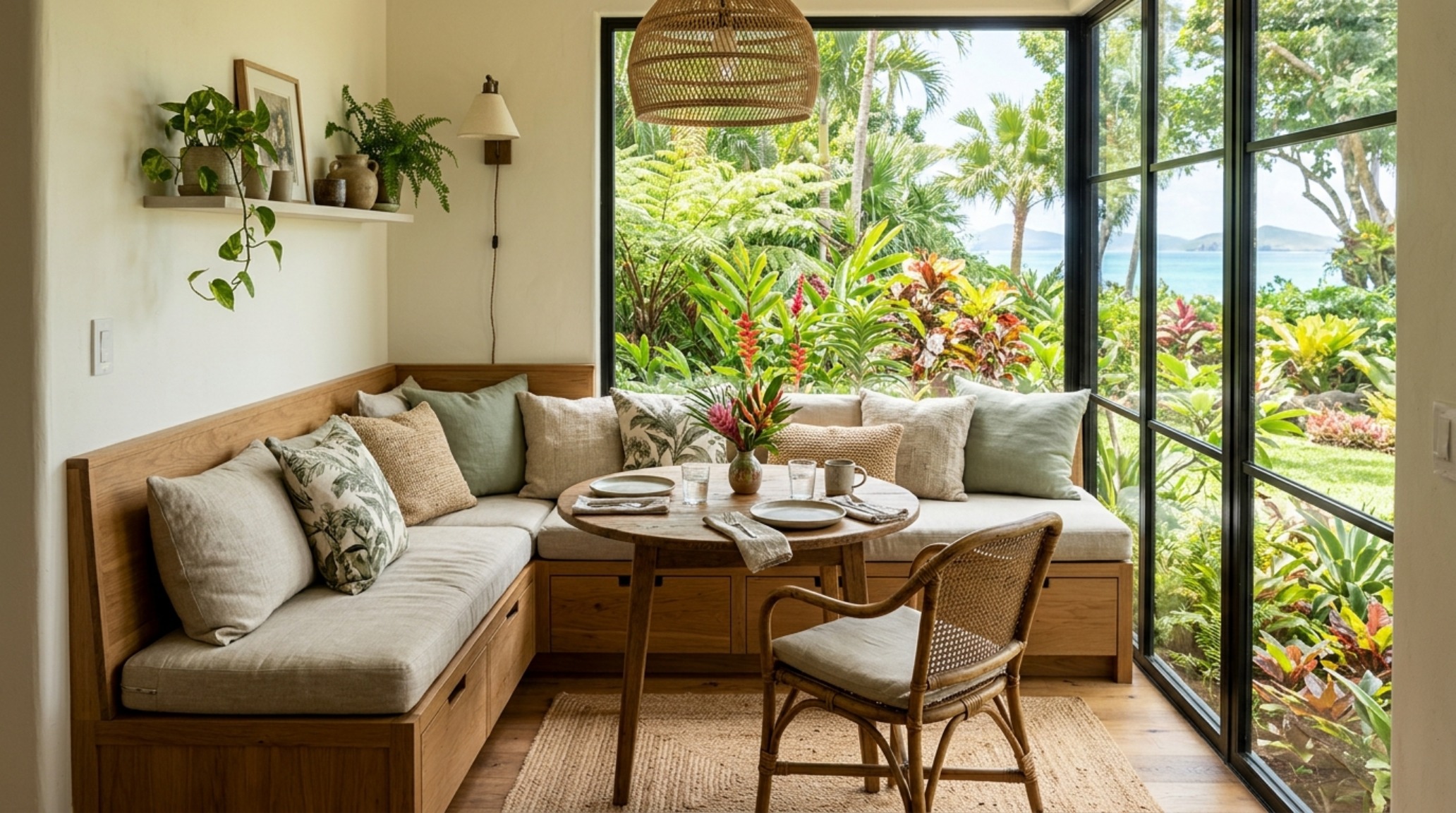 Small space most beautiful islands world decor ideas featuring built-in linen seating and optimized sightlines toward a sea-view window.