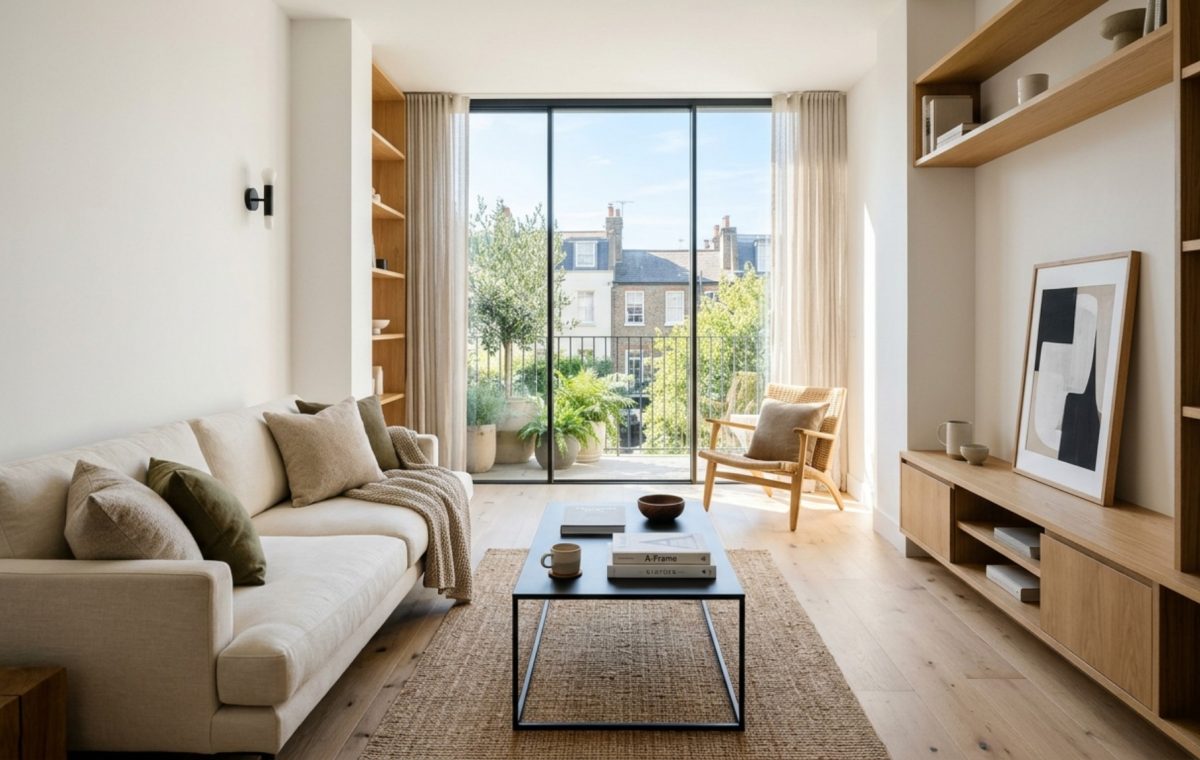 modern narrow living room design ideas featuring a low-profile linen sofa and slim steel-framed coffee table on a neutral wool rug with floor-to-ceiling windows.