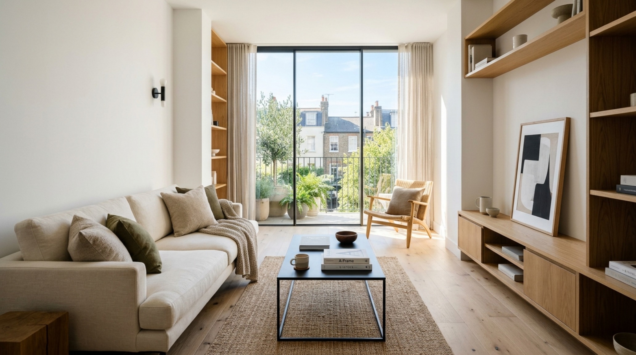 modern narrow living room design ideas featuring a low-profile linen sofa and slim steel-framed coffee table on a neutral wool rug with floor-to-ceiling windows. modern narrow living room design ideas featuring a low-profile linen sofa and slim steel-framed coffee table on a neutral wool rug with floor-to-ceiling windows.