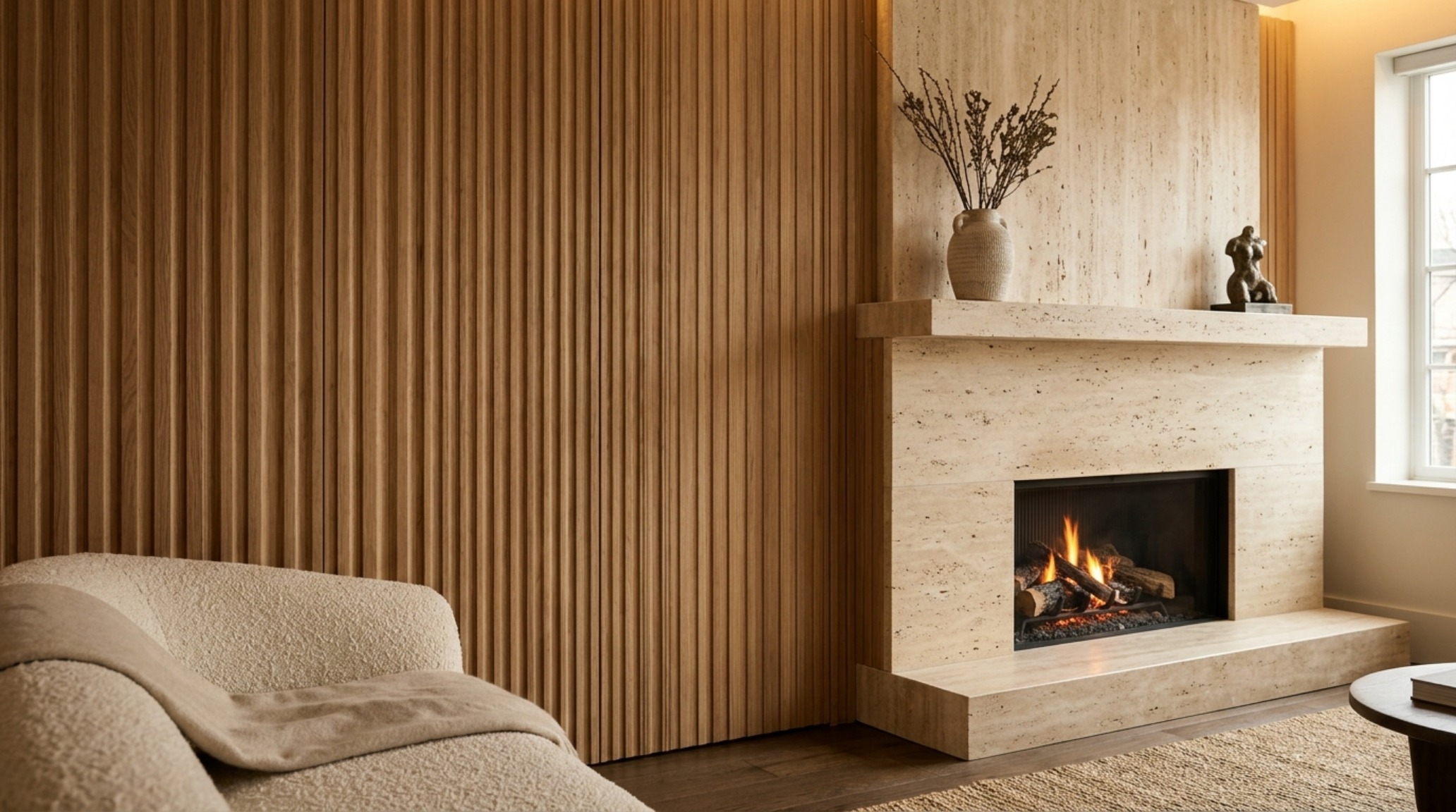 luxury narrow living room design ideas textures including a honed travertine fireplace hearth and fluted wood wall panels with soft perimeter shadow gaps. luxury narrow living room design ideas textures including a honed travertine fireplace hearth and fluted wood wall panels with soft perimeter shadow gaps.