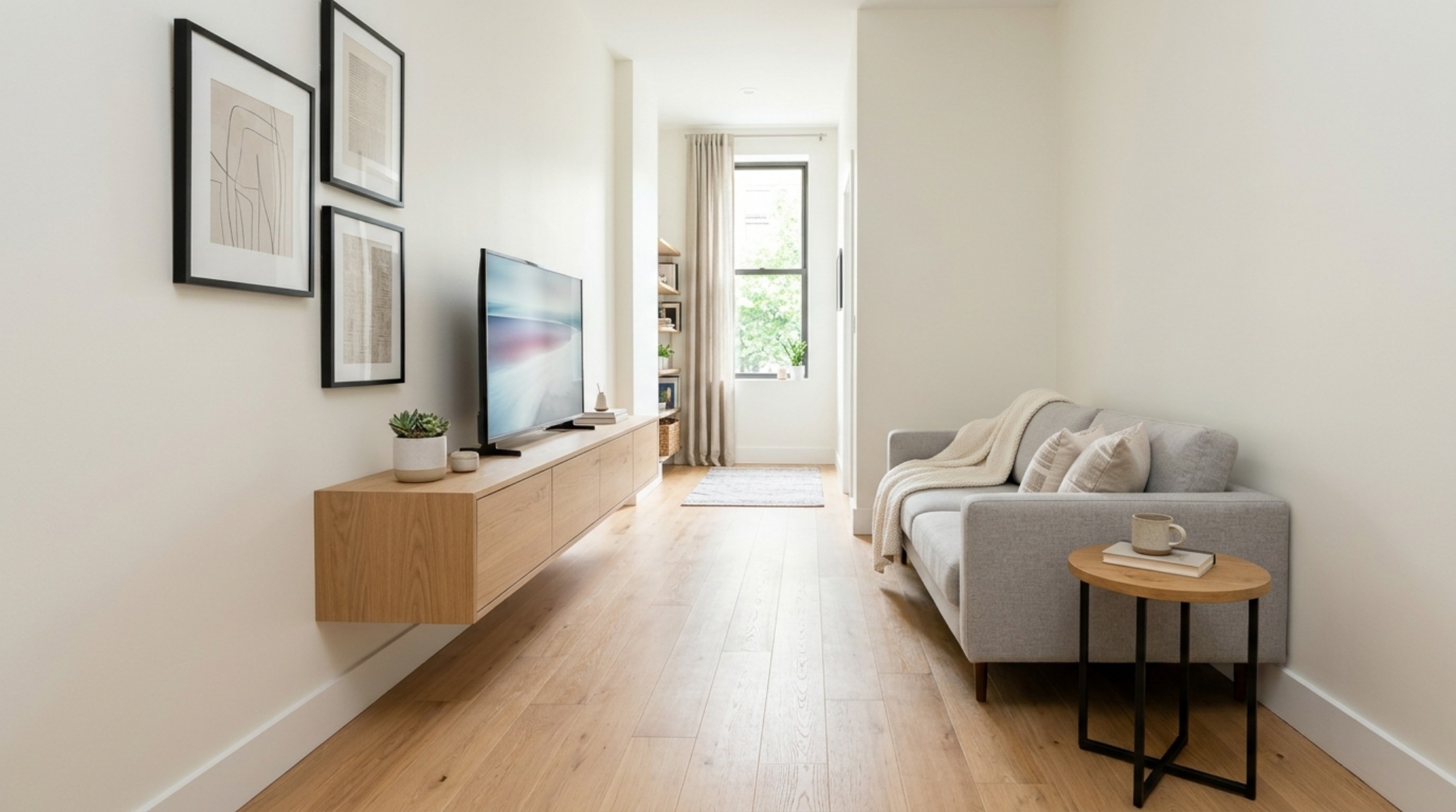 small space narrow living room design ideas utilizing floating cabinetry and a wall-mounted media console to maximize floor-plane visibility. small space narrow living room design ideas utilizing floating cabinetry and a wall-mounted media console to maximize floor-plane visibility.