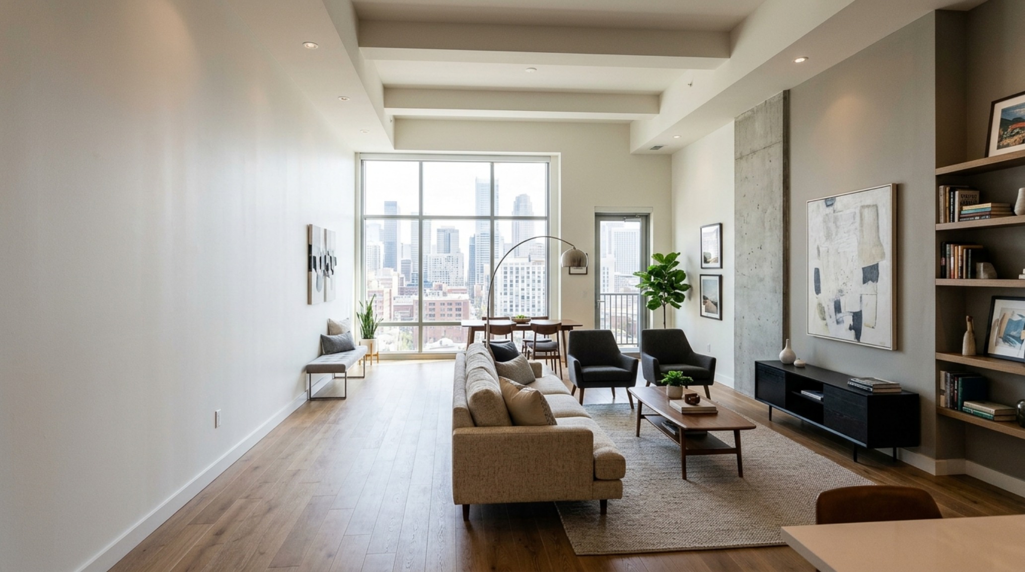 modern narrow living room design ideas highlighting a 36-inch clear walkway and a curated vignette of organic ceramic vessels on a slim console. modern narrow living room design ideas highlighting a 36-inch clear walkway and a curated vignette of organic ceramic vessels on a slim console.