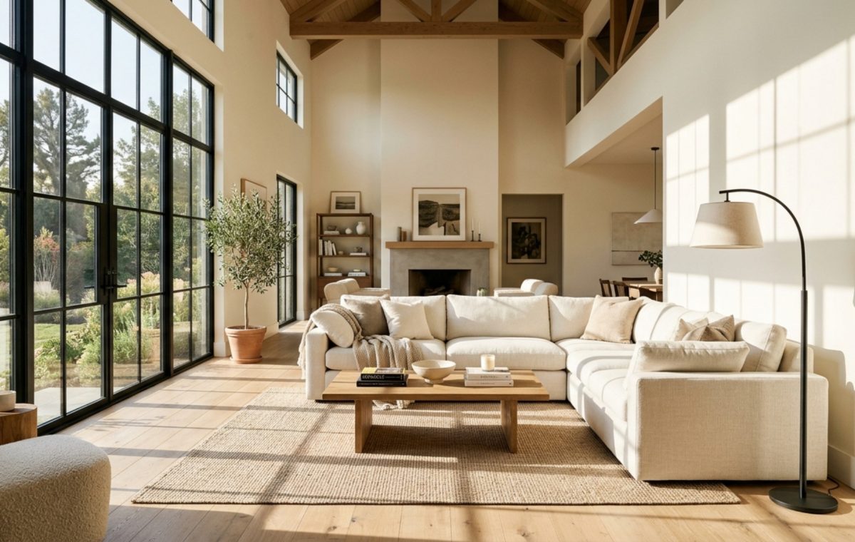 A sophisticated living room featuring nate berkus favorite neutral color palette decor ideas with warm white walls, a charcoal velvet accent chair, and 36-inch clear walkways for optimal flow.