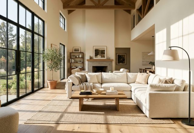 A sophisticated living room featuring nate berkus favorite neutral color palette decor ideas with warm white walls, a charcoal velvet accent chair, and 36-inch clear walkways for optimal flow.