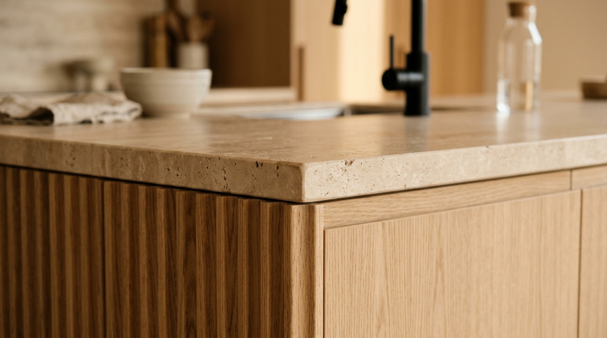 Detail of a fluted white oak cabinet and honed travertine countertop under 2700K warm ambient lighting, showcasing tactile materiality and architectural precision.