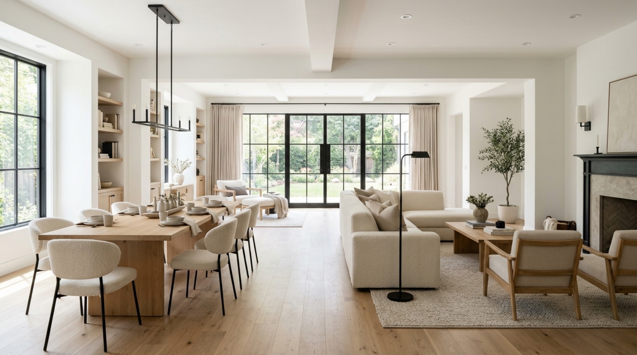 An open-plan transitional space highlighting sightline alignment and the ergonomic 18-inch coffee table reach within a soft sand and ivory color scheme.