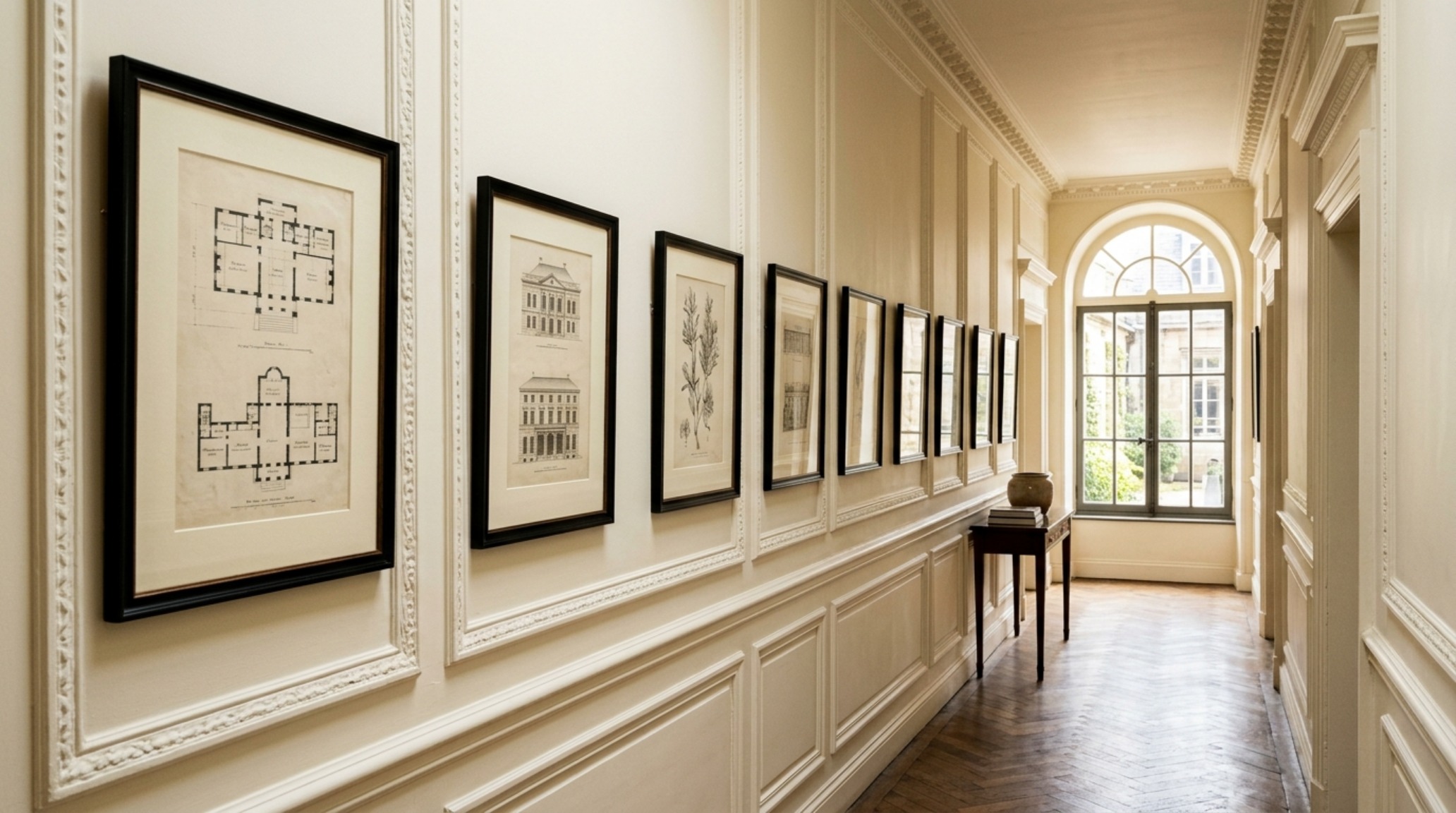 Architectural view of a hallway with high-contrast black metal frames against Swiss Coffee walls, demonstrating nate berkus favorite neutral color palette decor ideas architecture.