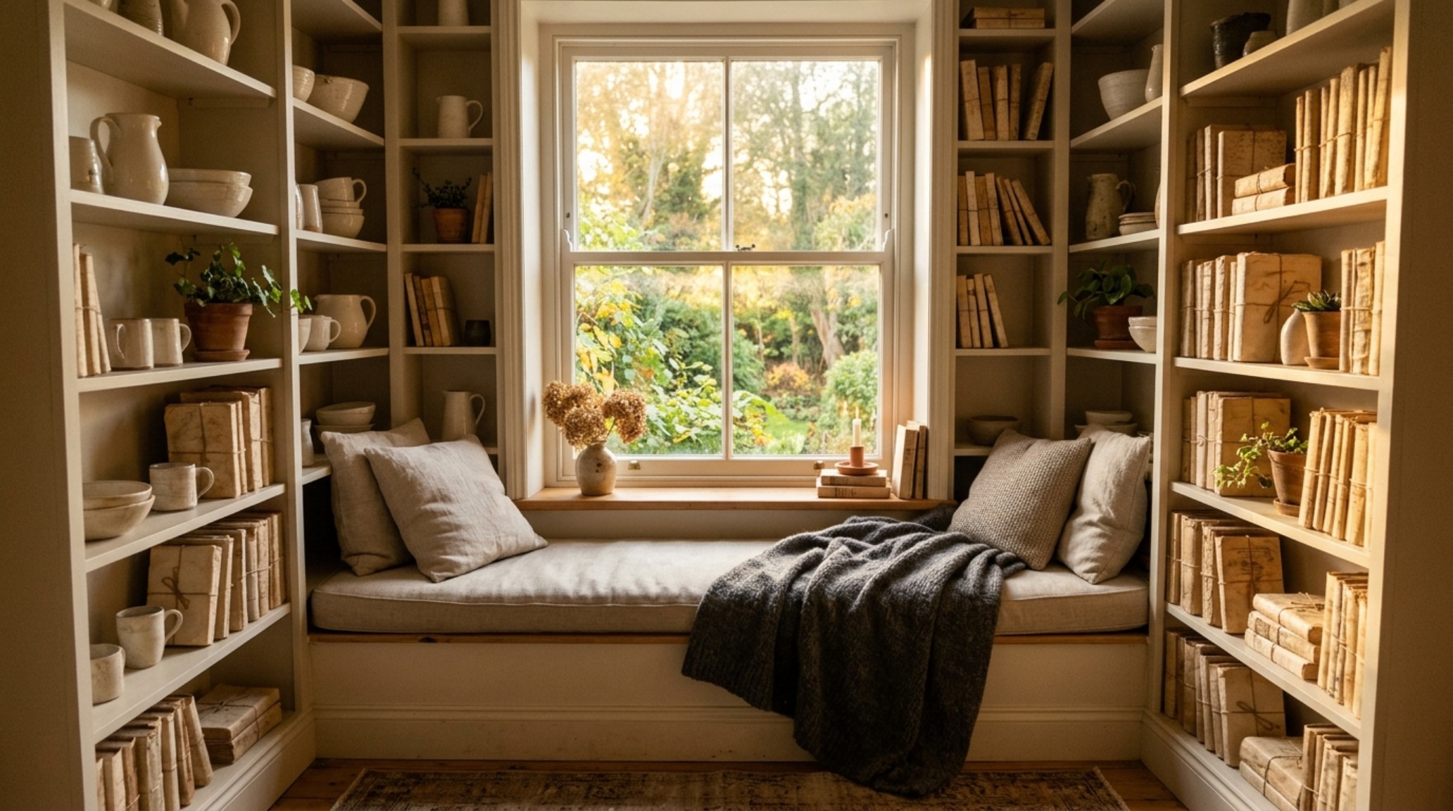 Sun-drenched reading nook with a large arched window, limewash walls, and an oversized linen armchair, highlighting natural light and shadow play in a neutral home.