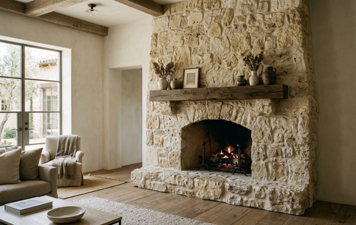 Floor to ceiling stone hearth design in a luxury coastal villa featuring large-format Mediterranean limestone and integrated soft-wash lighting.