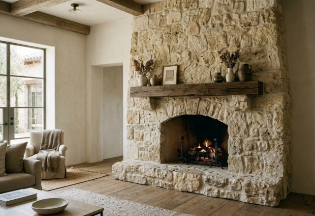 Floor to ceiling stone hearth design in a luxury coastal villa featuring large-format Mediterranean limestone and integrated soft-wash lighting.