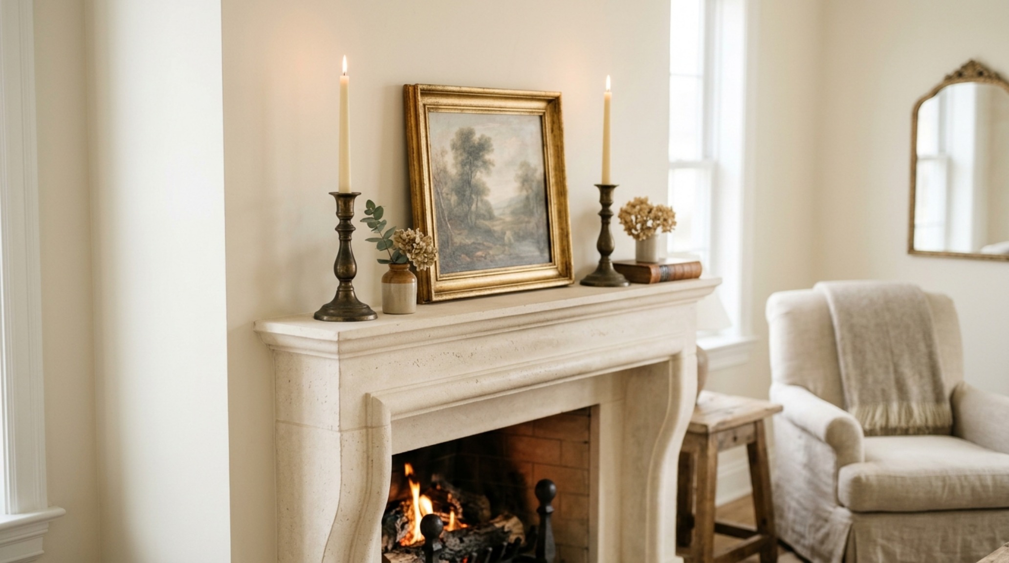 Limestone fireplace mantel styling in a transitional master suite with soft white oak flooring and Belgian linen upholstery.