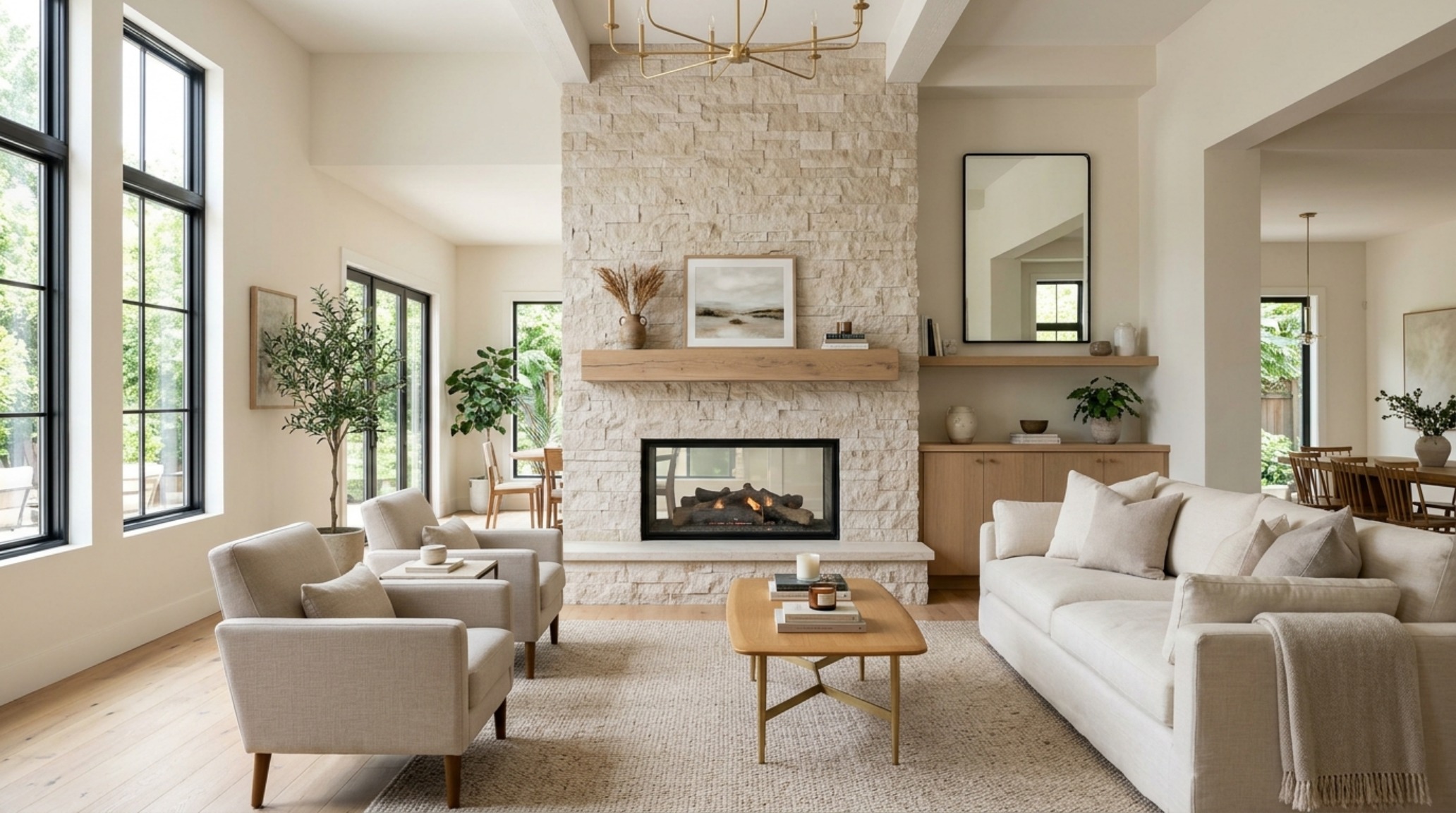 Thin stone veneer fireplace surround crafted from reclaimed French limestone with visible mineral deposits and a honed finish.