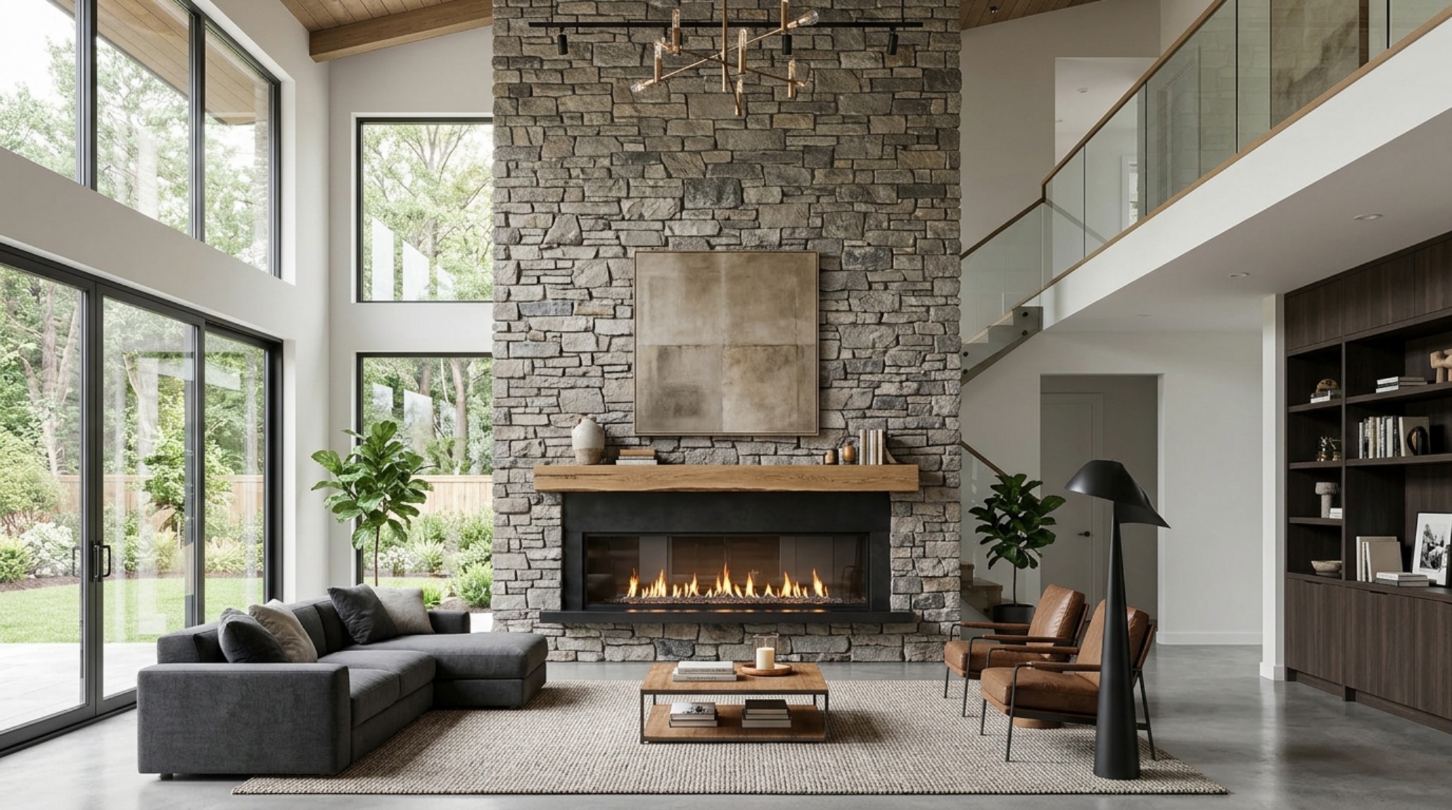 Stacked stone fireplace accent wall with a multi-tonal gray palette and directional task lighting to emphasize rugged masonry depth.