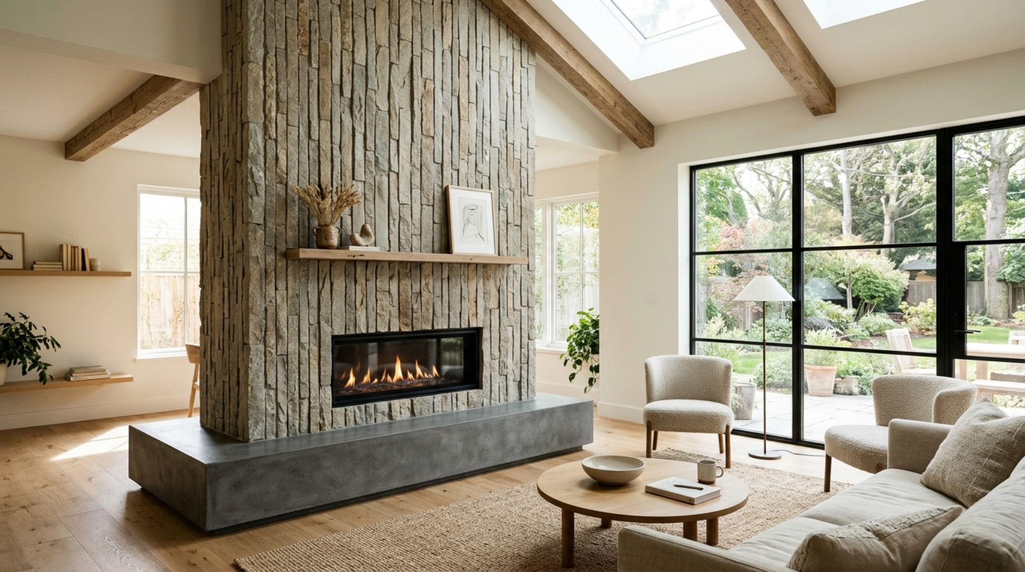 Modern rustic stone fireplace ideas featuring a linear gas insert and a floor-to-ceiling split-face travertine surround.