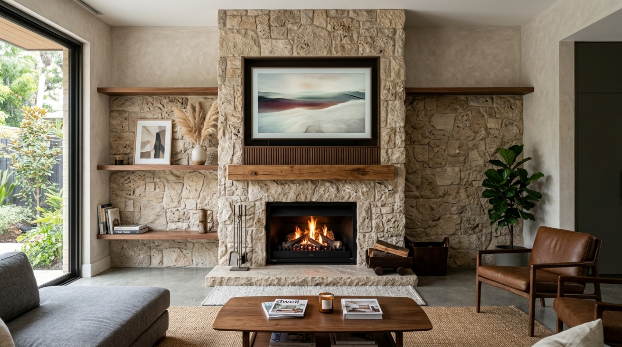 Stone fireplace with integrated TV using a flush-mount frame and dark-stained oak cabinetry to balance the heavy stone texture.