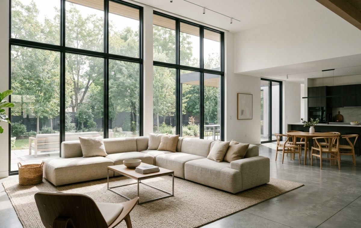 modern new interior designs ideas featuring an open-plan living room with 36-inch walkways, low-slung furniture, and large floor-to-ceiling windows for natural light