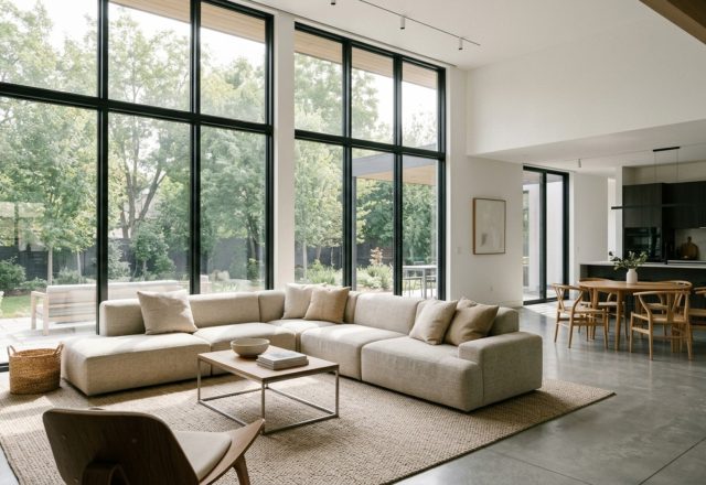 modern new interior designs ideas featuring an open-plan living room with 36-inch walkways, low-slung furniture, and large floor-to-ceiling windows for natural light
